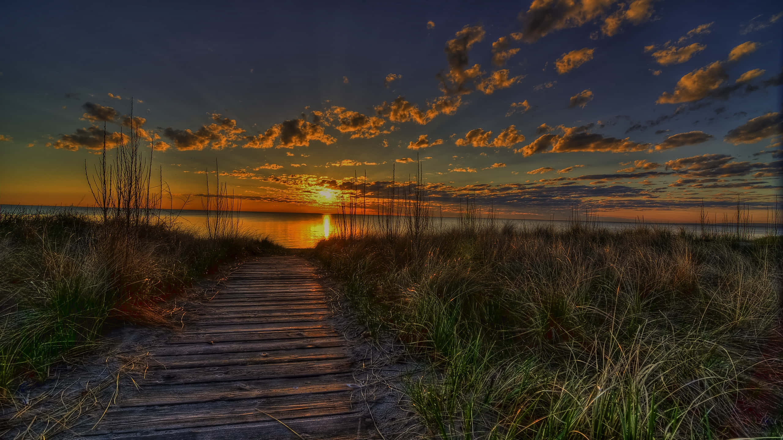 summer sunset, ocean, fiery orange clouds, 2K Desktop Wallpaper