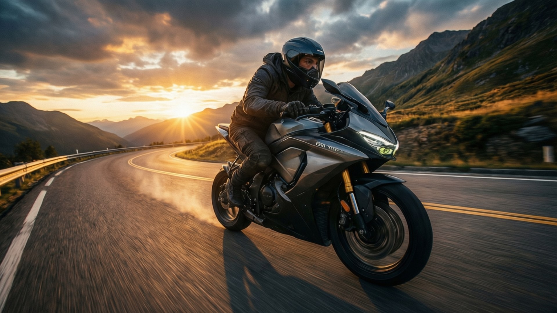 Energica, mountain curves, sunset, Full HD Desktop Wallpaper