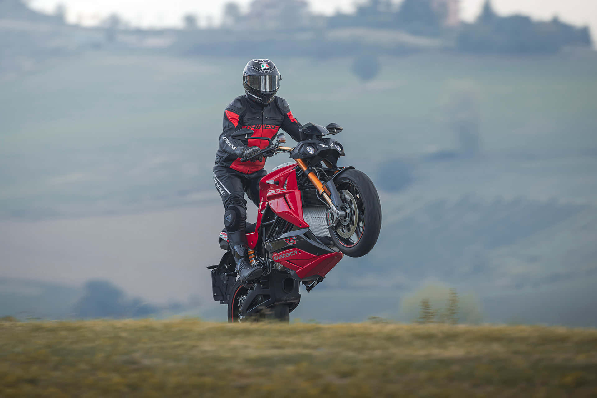 Energica, red sport motorcycle, wheelie, Full HD Desktop Wallpaper