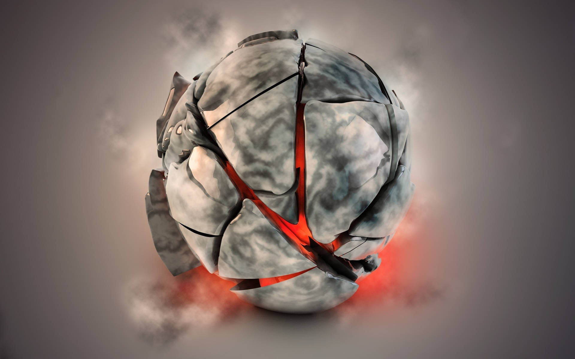cracked metallic sphere, glowing red fissures, steam, Full HD Desktop Wallpaper