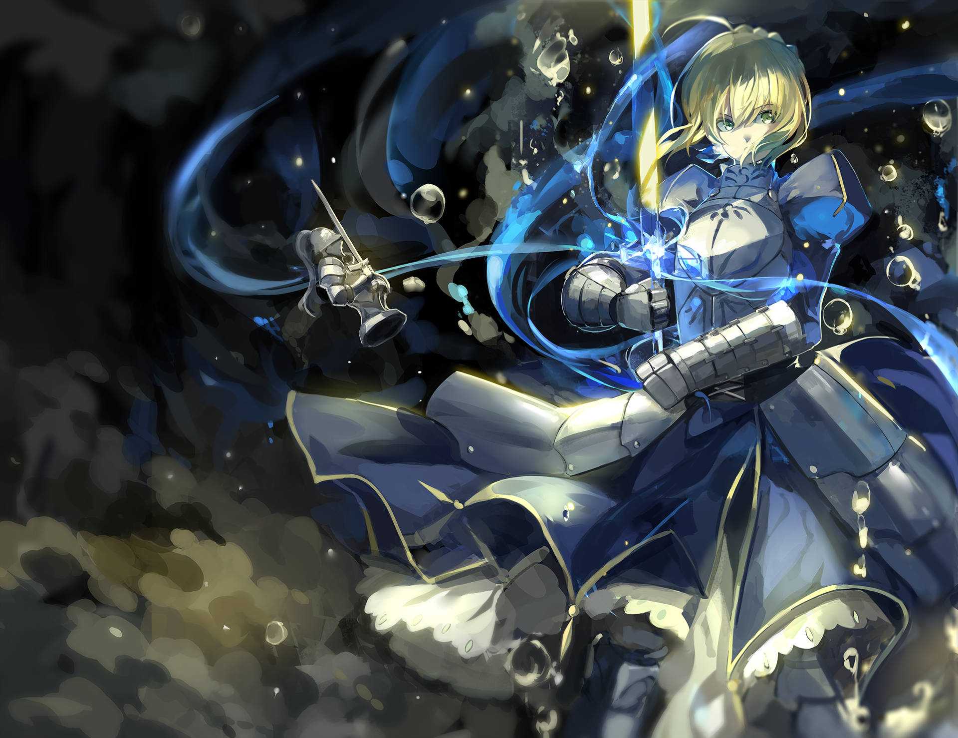 Energy Sword, blonde anime girl, blue armor, Full HD Desktop Wallpaper