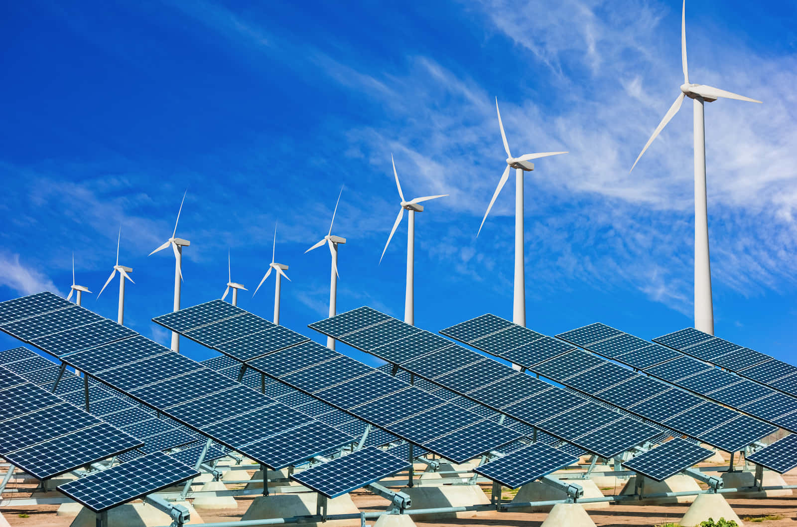 hybrid wind turbine, solar panel, bright blue sky, HD Desktop Wallpaper