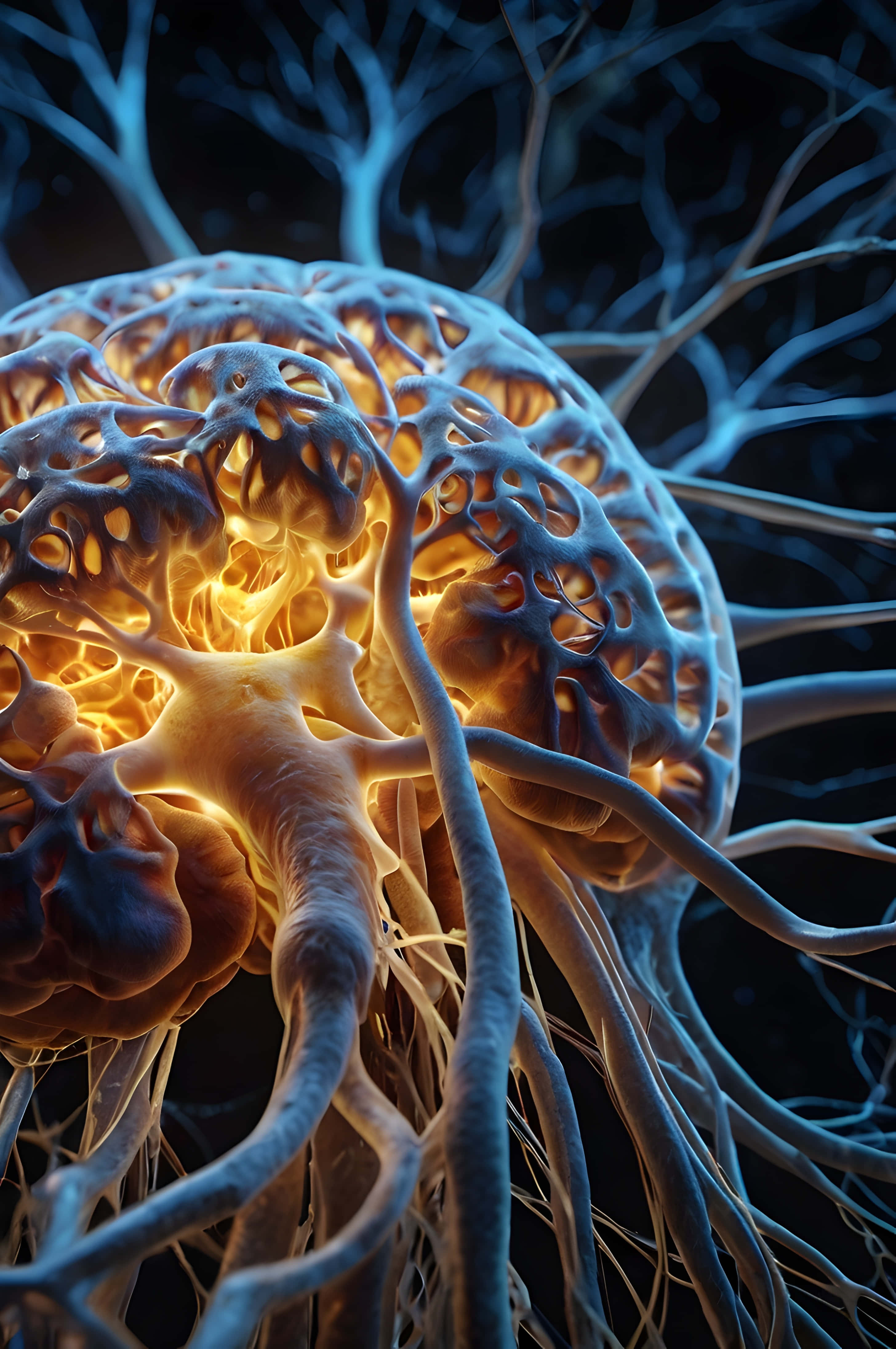 golden brain-like structure, intricate branching tendrils, dark blue background, 4K Phone Wallpaper