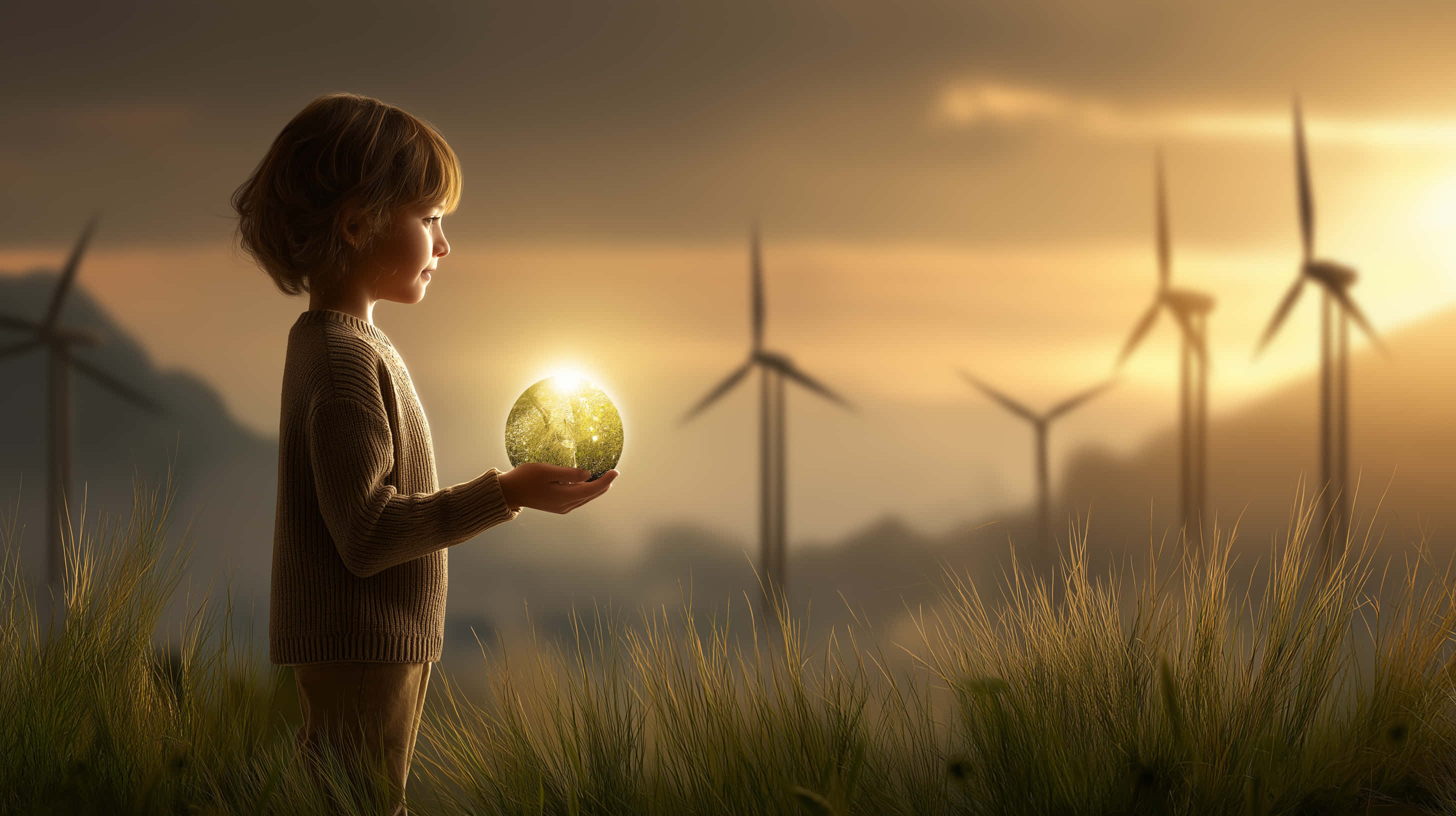 child, luminous orb, grassy field, 2K Desktop Wallpaper