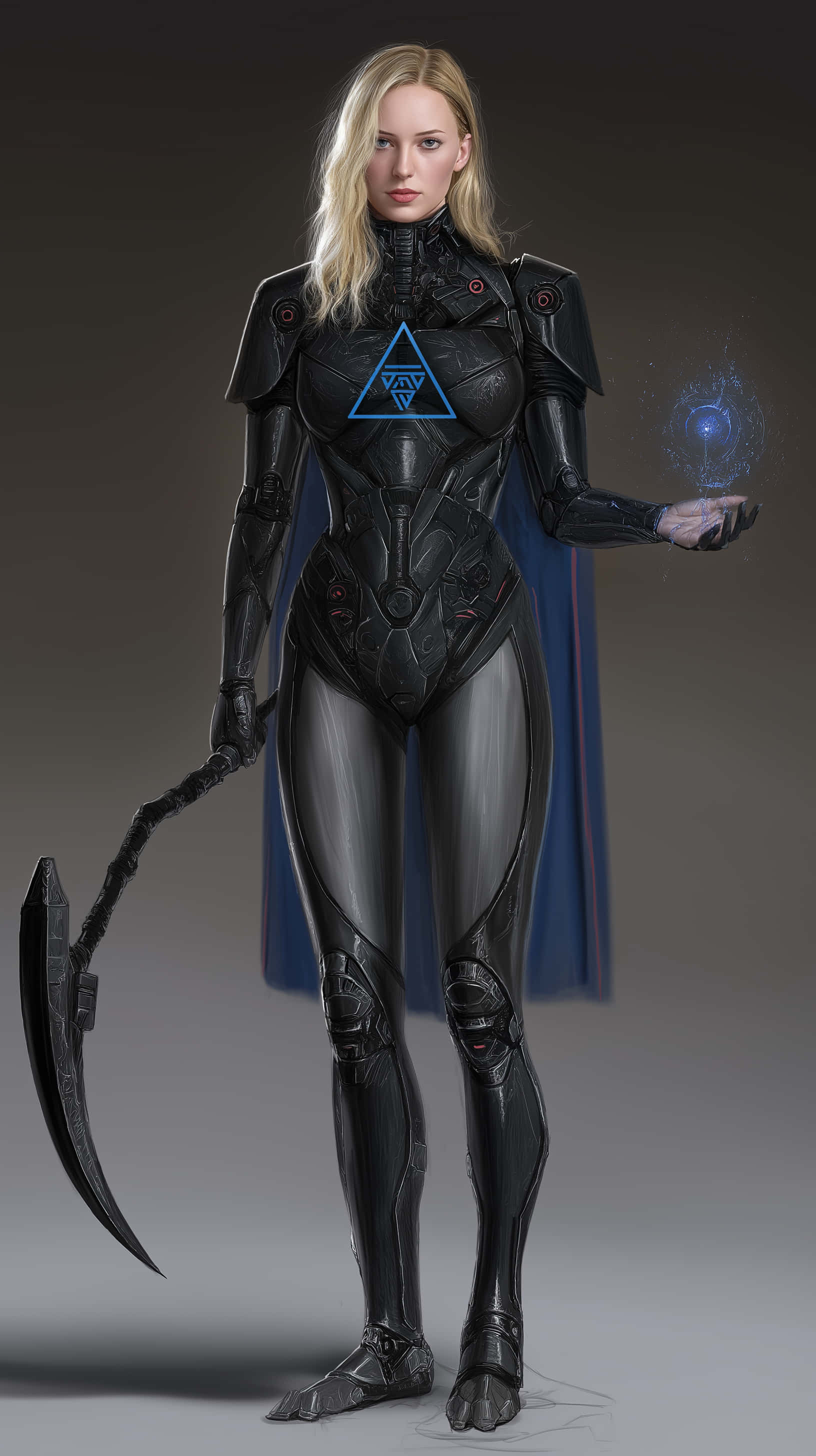 futuristic priestess, curved scythe, glowing blue orb, 2K Phone Wallpaper