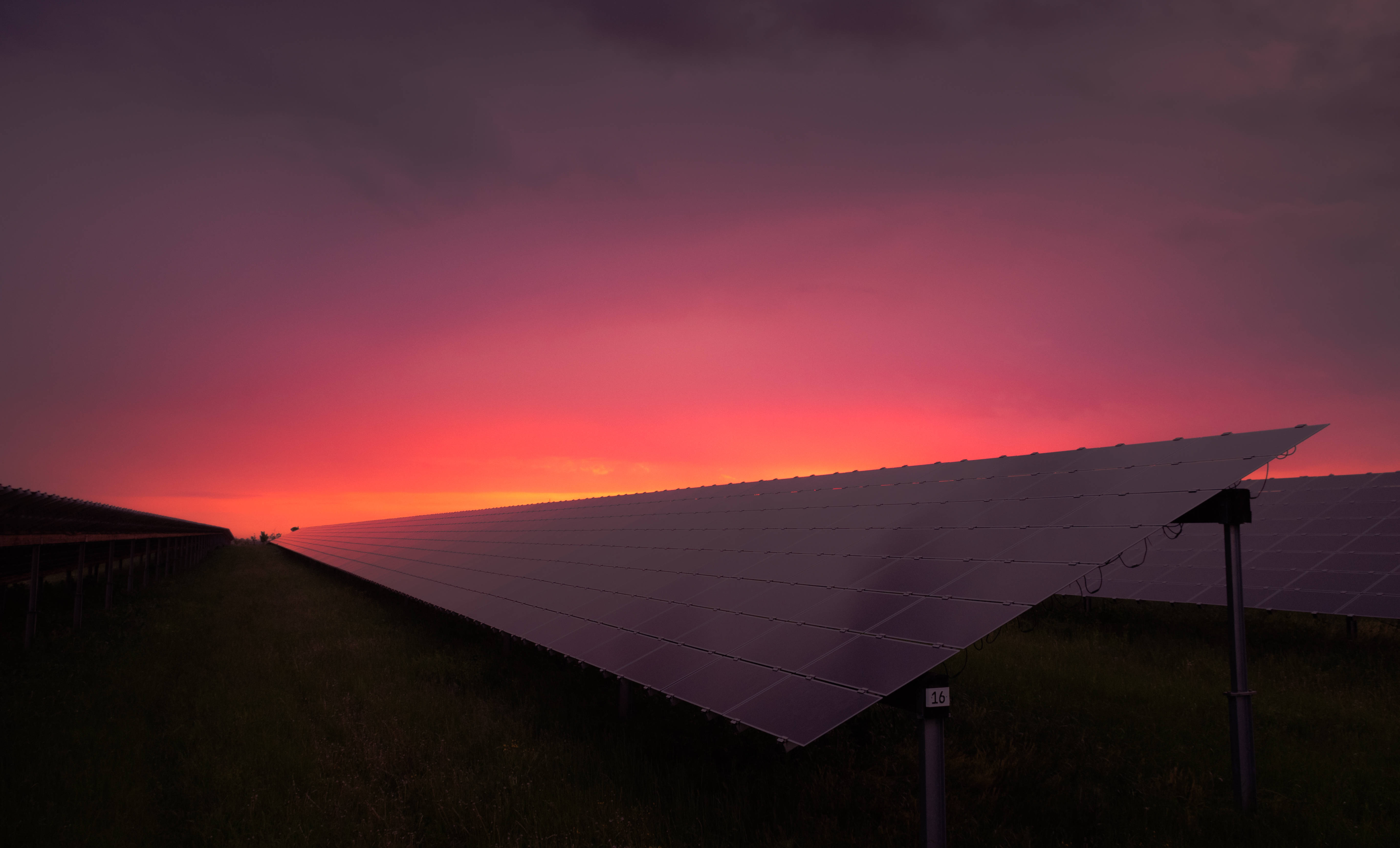 solar panels, rosy sky, pink and purple sunset, 5K Desktop Wallpaper