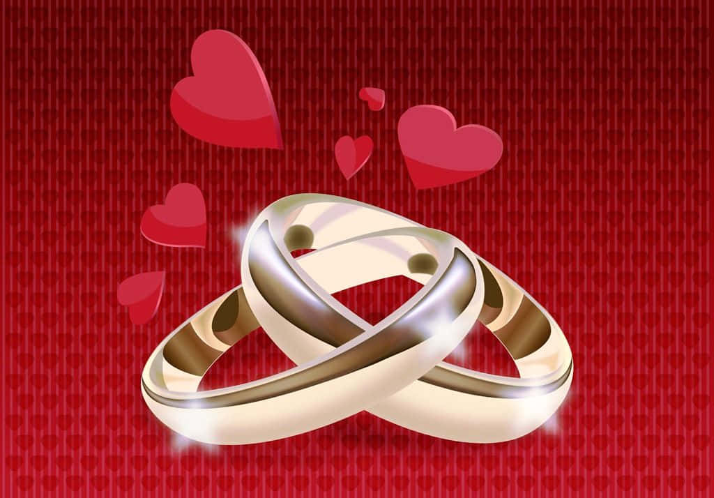 gold rings, red heart-patterned background, floating hearts, SD Desktop Wallpaper