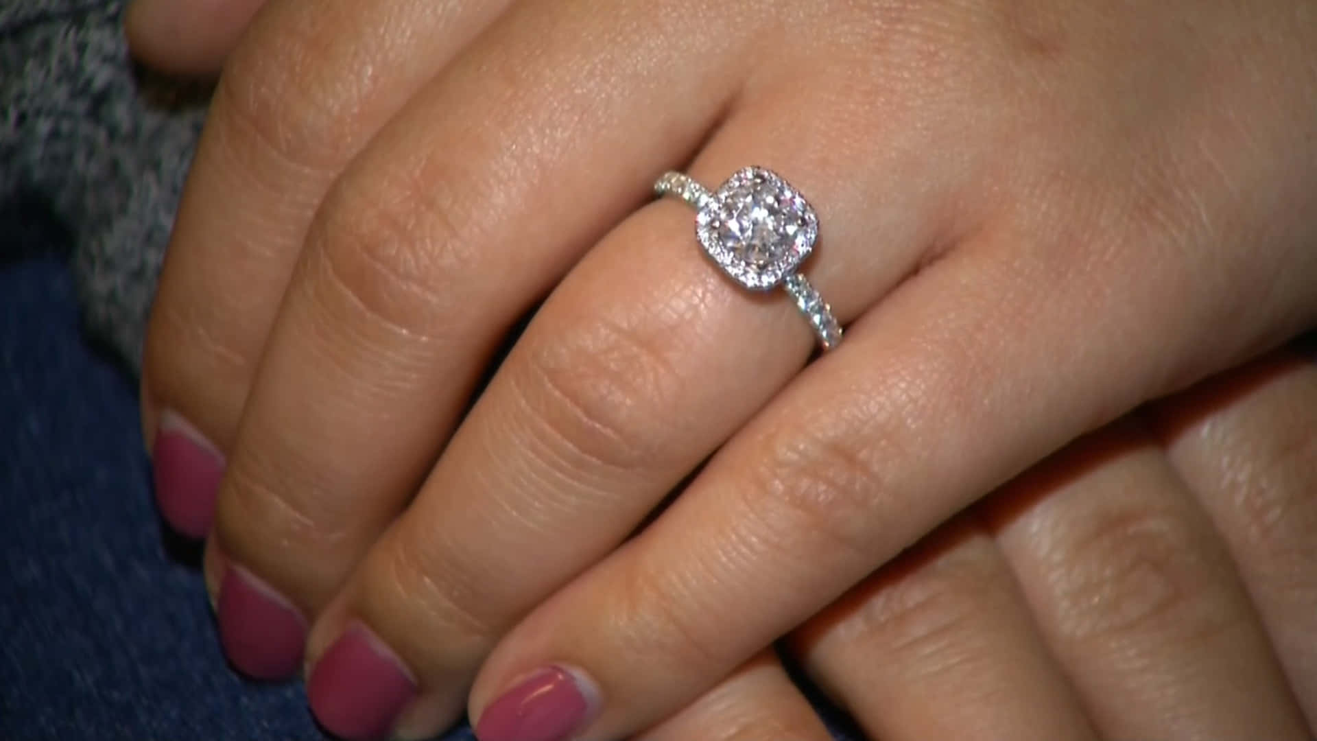 simple stone silver engagement ring, diamond halo engagement ring, pink nail polish, Full HD Desktop Wallpaper