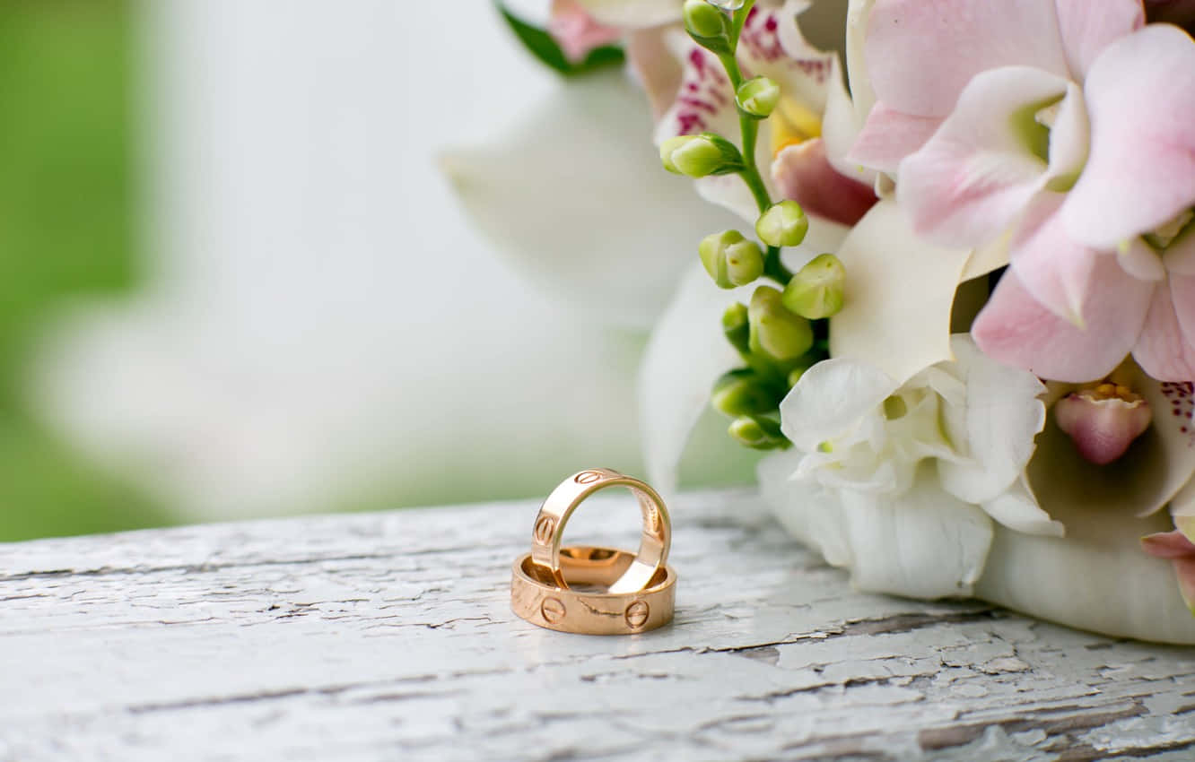 gold engagement rings, pink and white orchids, weathered wooden surface, HD Desktop Wallpaper