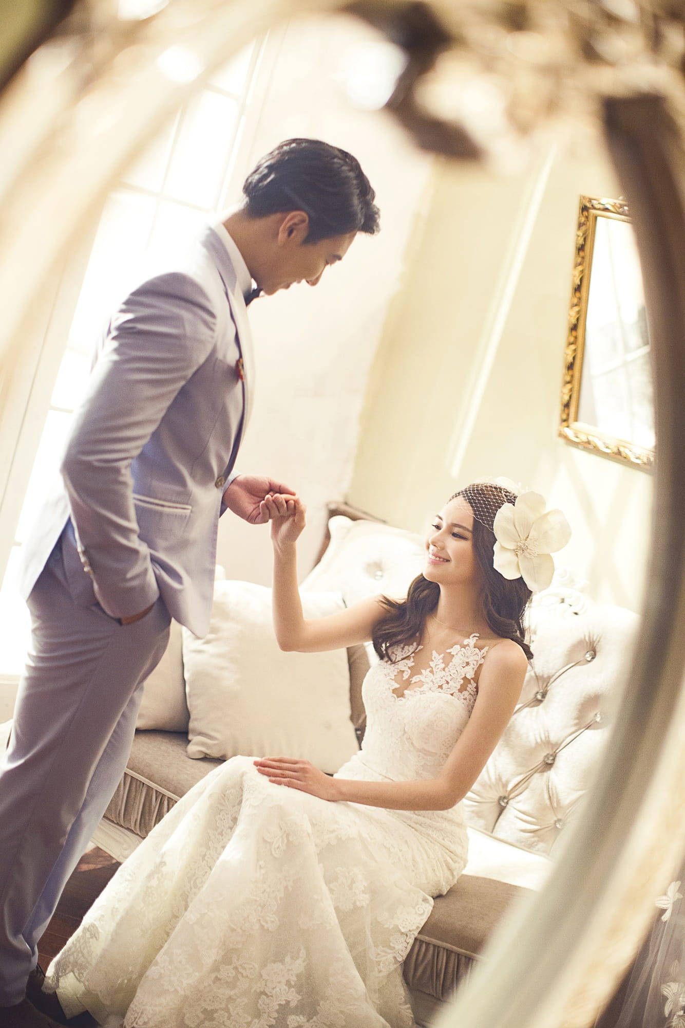 bride, groom, sunlit elegant room, Full HD Phone Wallpaper