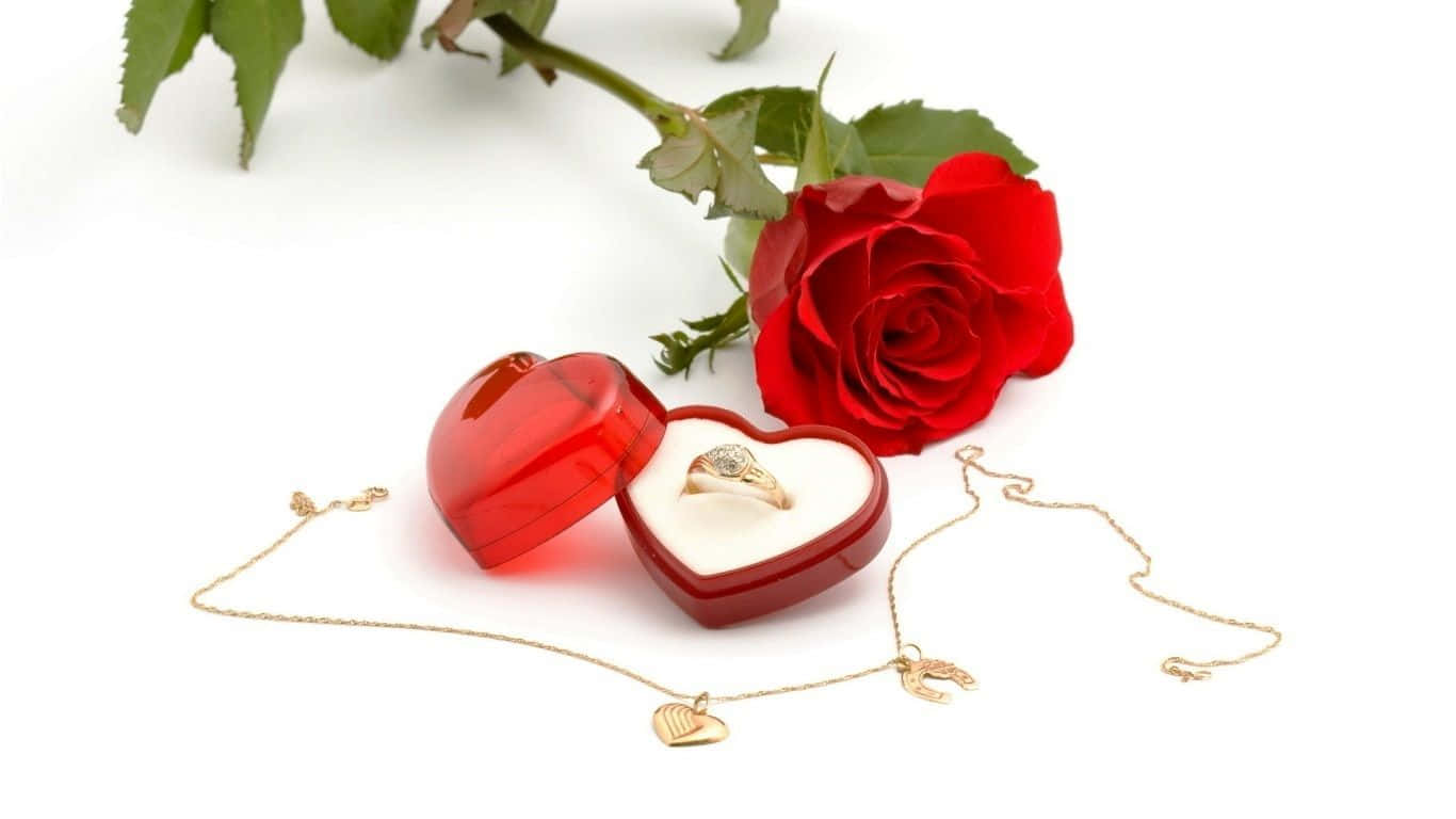 Heart Gold Engagement Ring Necklace, red rose, heart-shaped box, HD Desktop Wallpaper
