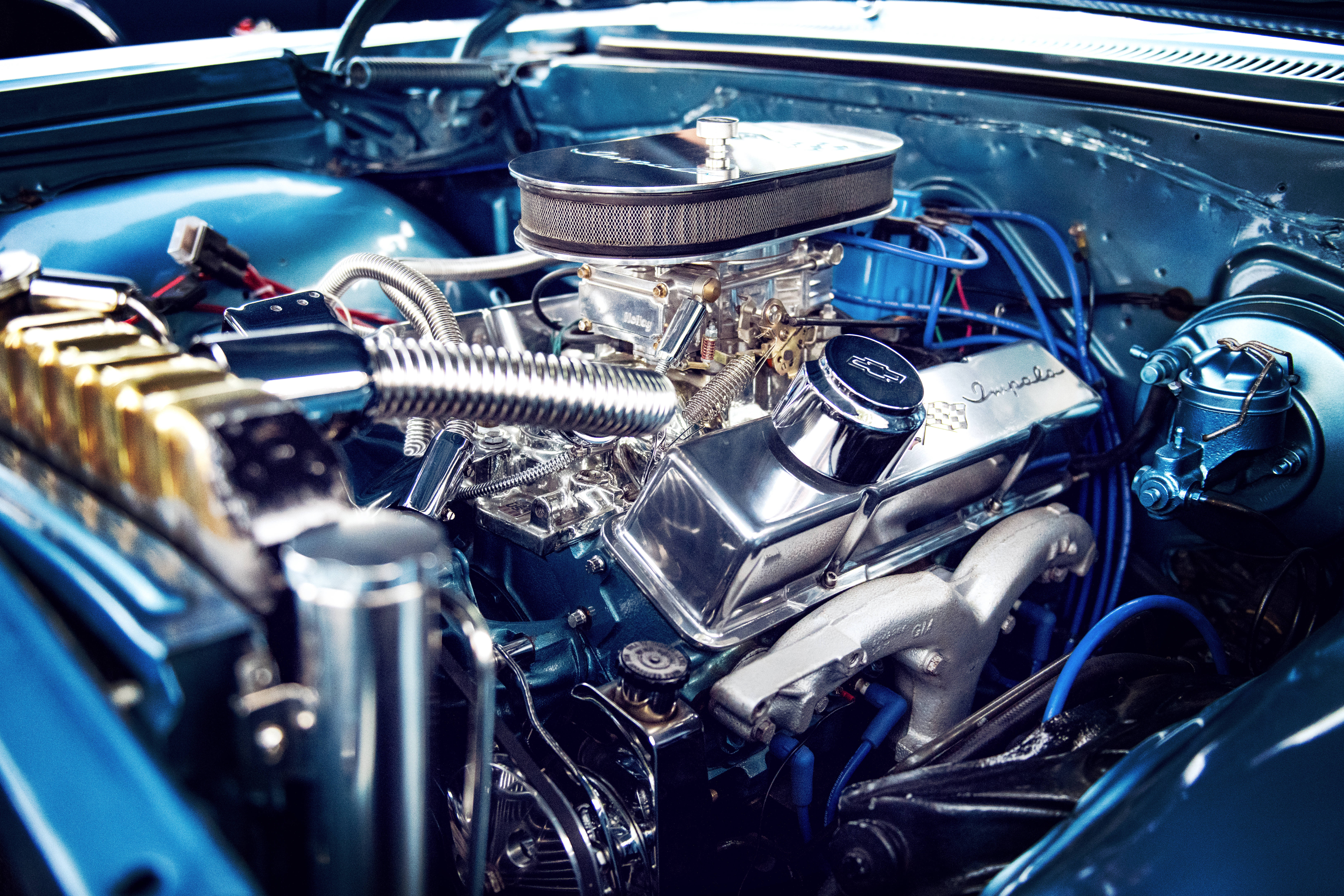 blue car, chrome engine, classic car engine, 5K Desktop Wallpaper