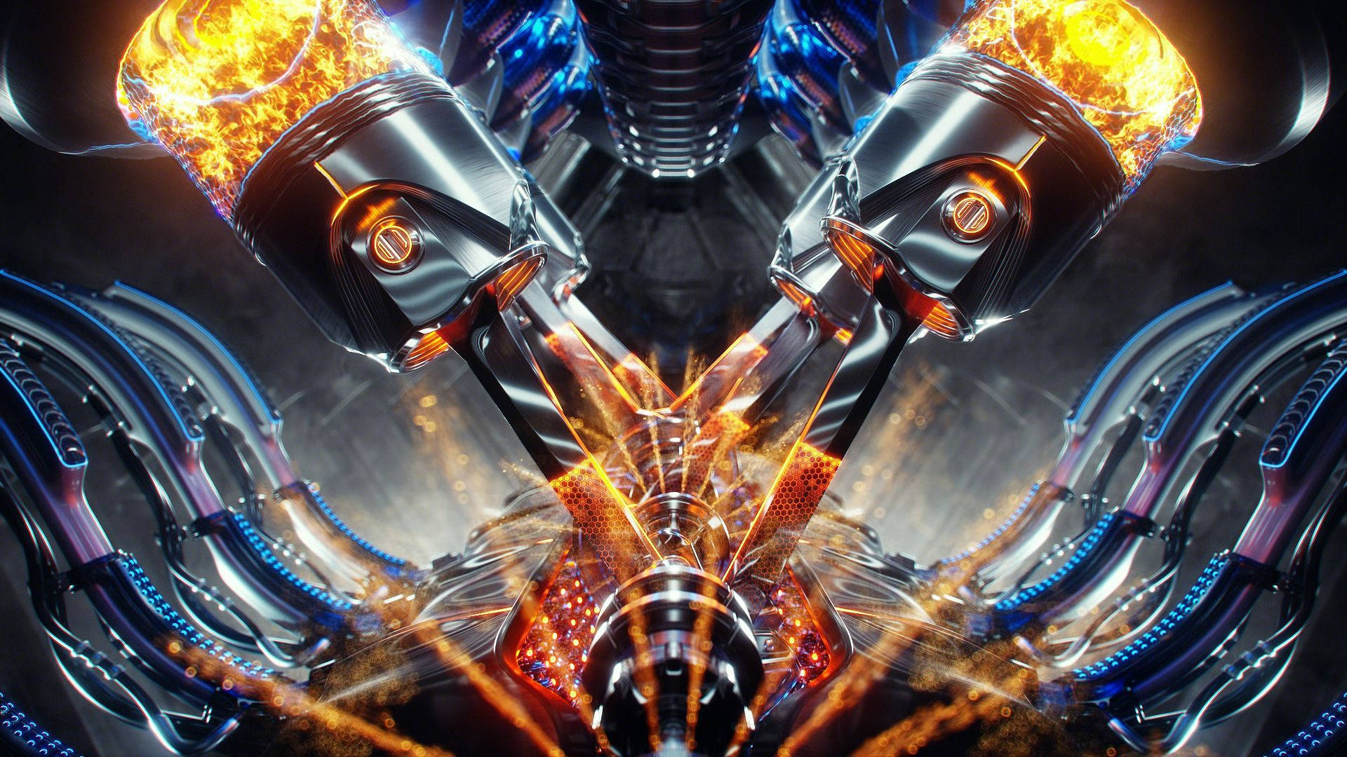 mechanical engine oil, glowing orange pistons, blue energy conduits, Full HD Desktop Wallpaper