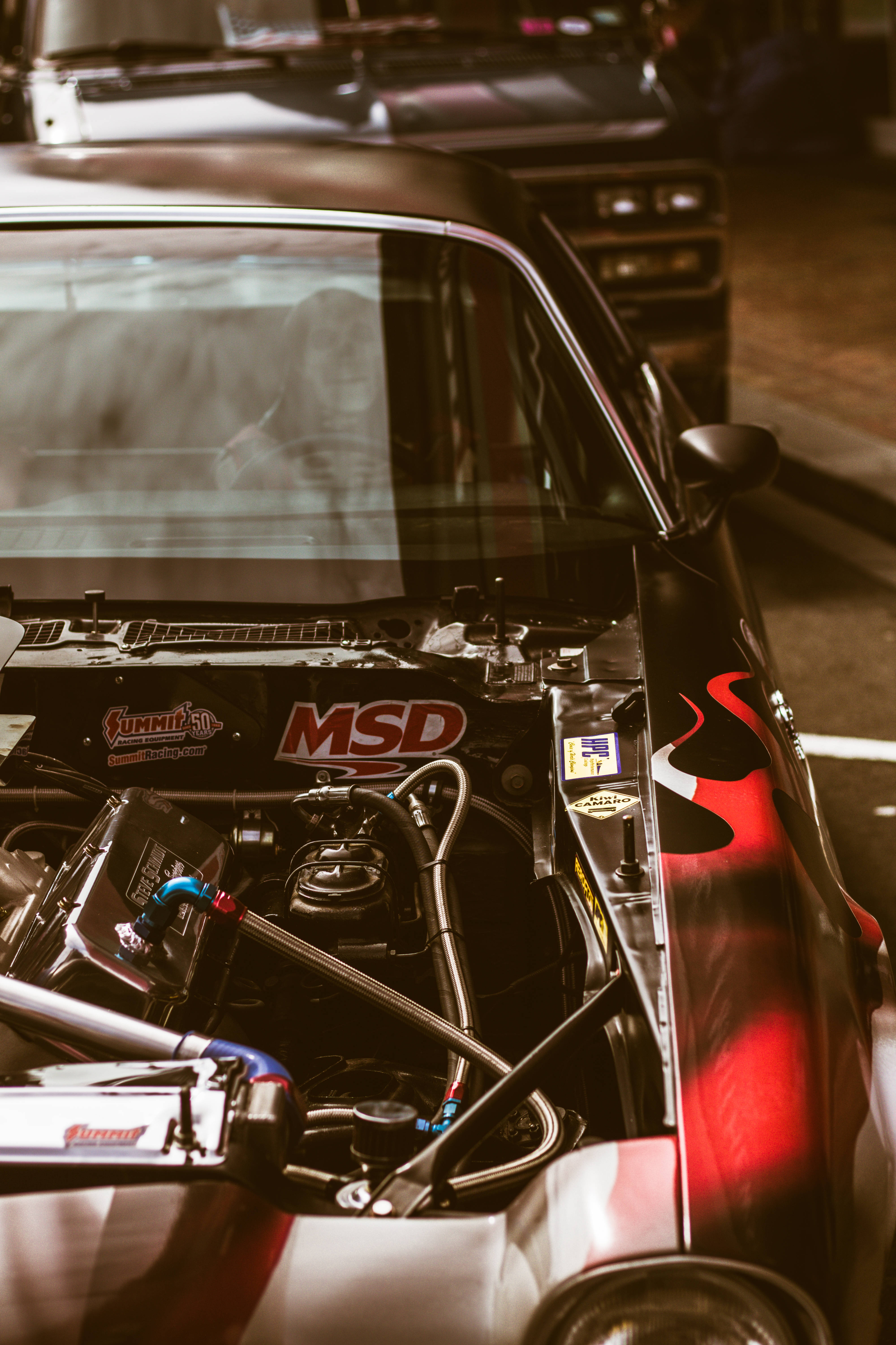 black racing car, engine bay, exposed components, 5K Phone Wallpaper