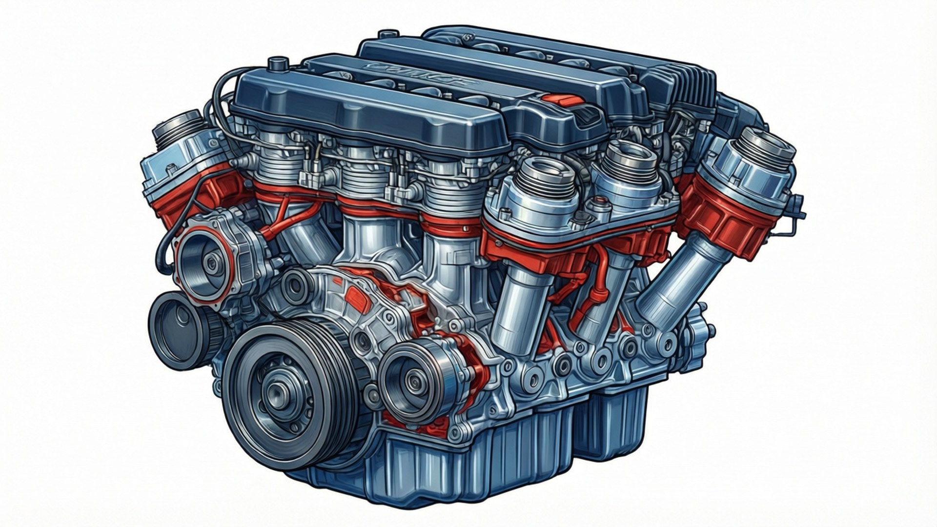 V8 car engine, blue metallic components, red accents, Full HD Desktop Wallpaper