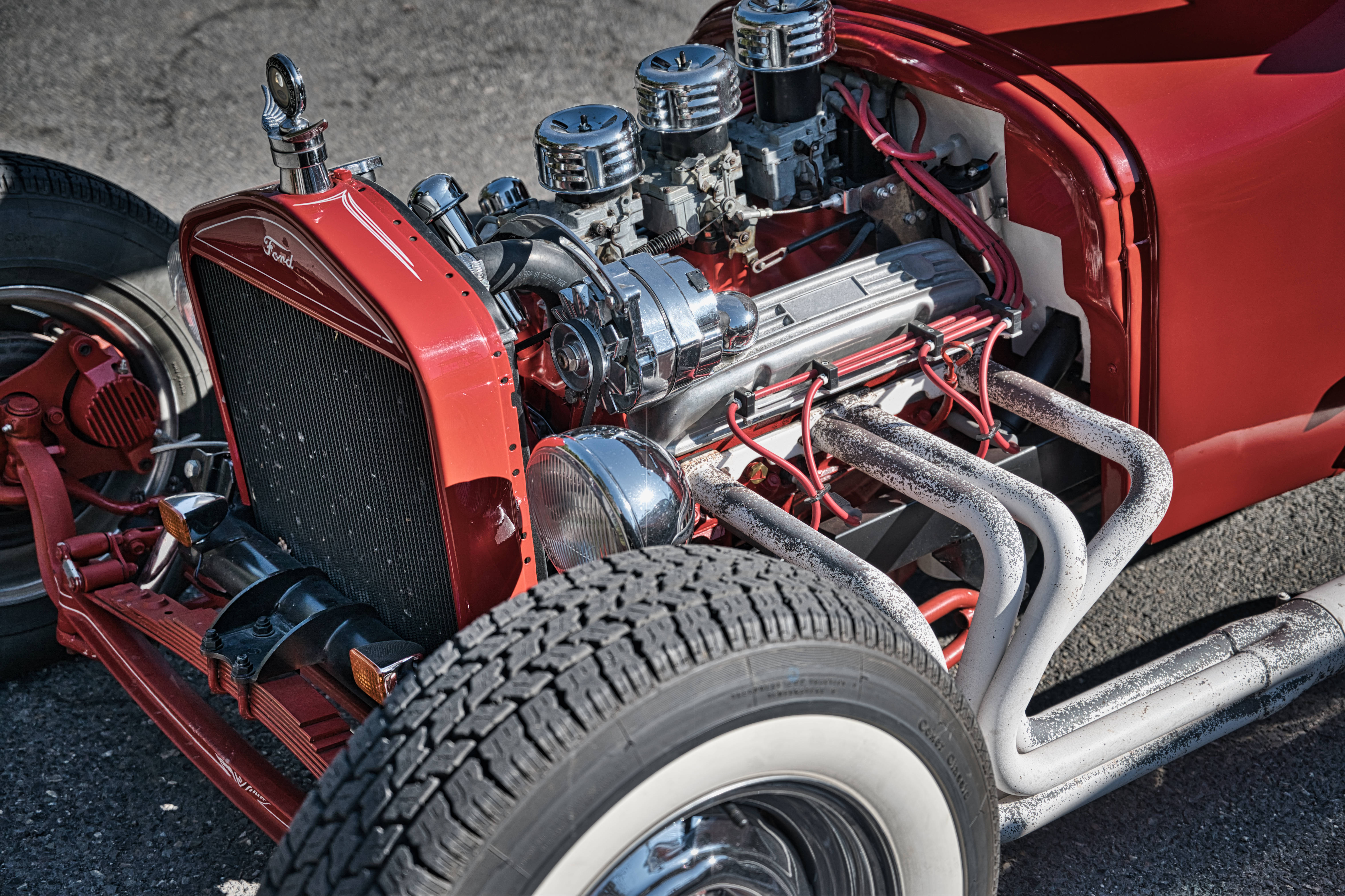 red hot rod, gleaming chrome engine, whitewall tire, 5K Desktop Wallpaper