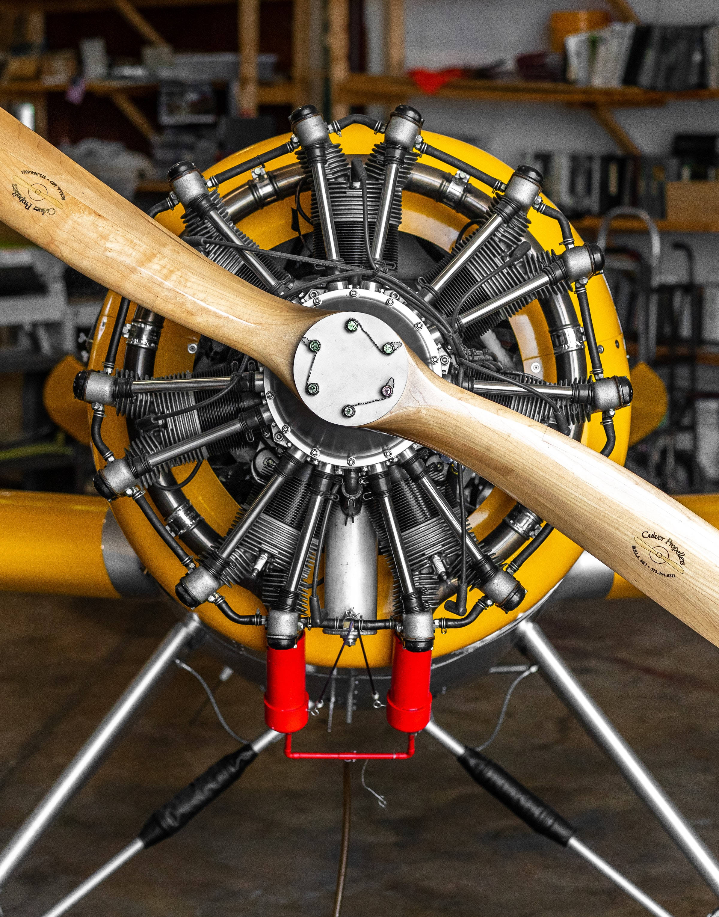 vintage radial airplane engine, wooden propeller, yellow aircraft, 2K Phone Wallpaper