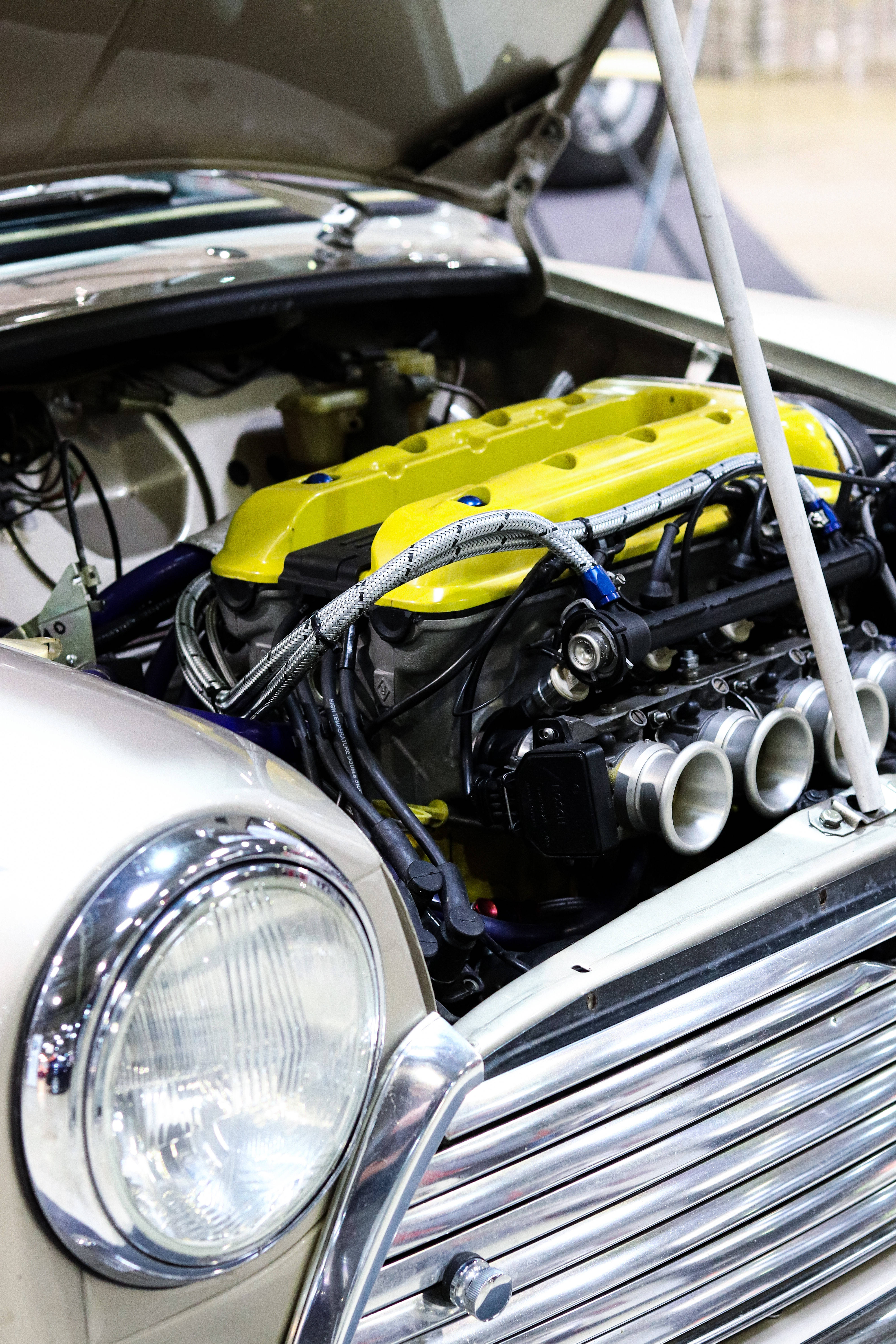 vintage car, yellow valve cover, chrome accents, 5K Phone Wallpaper