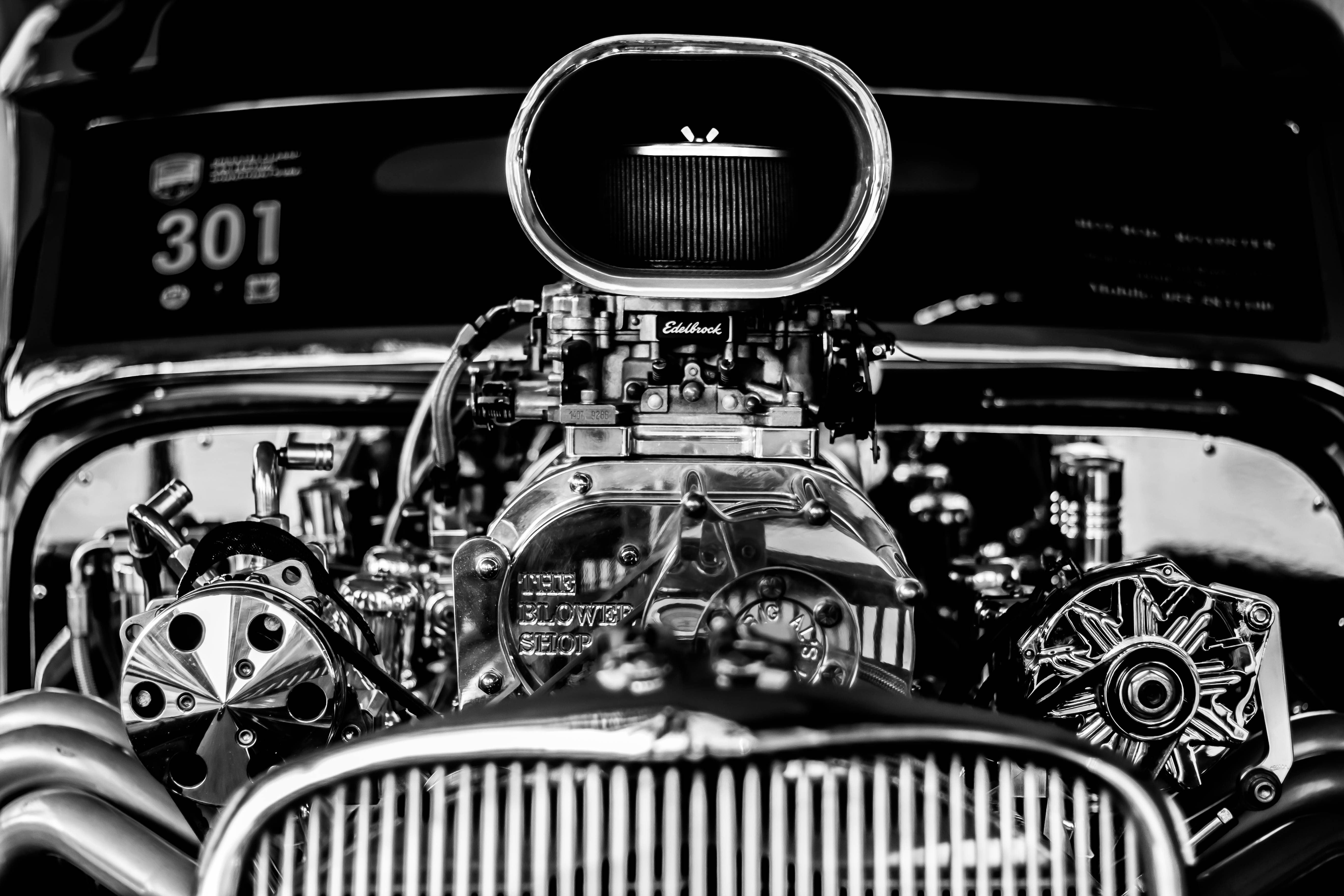 grayscale, vintage car engine, hot rod engine, 5K Desktop Wallpaper