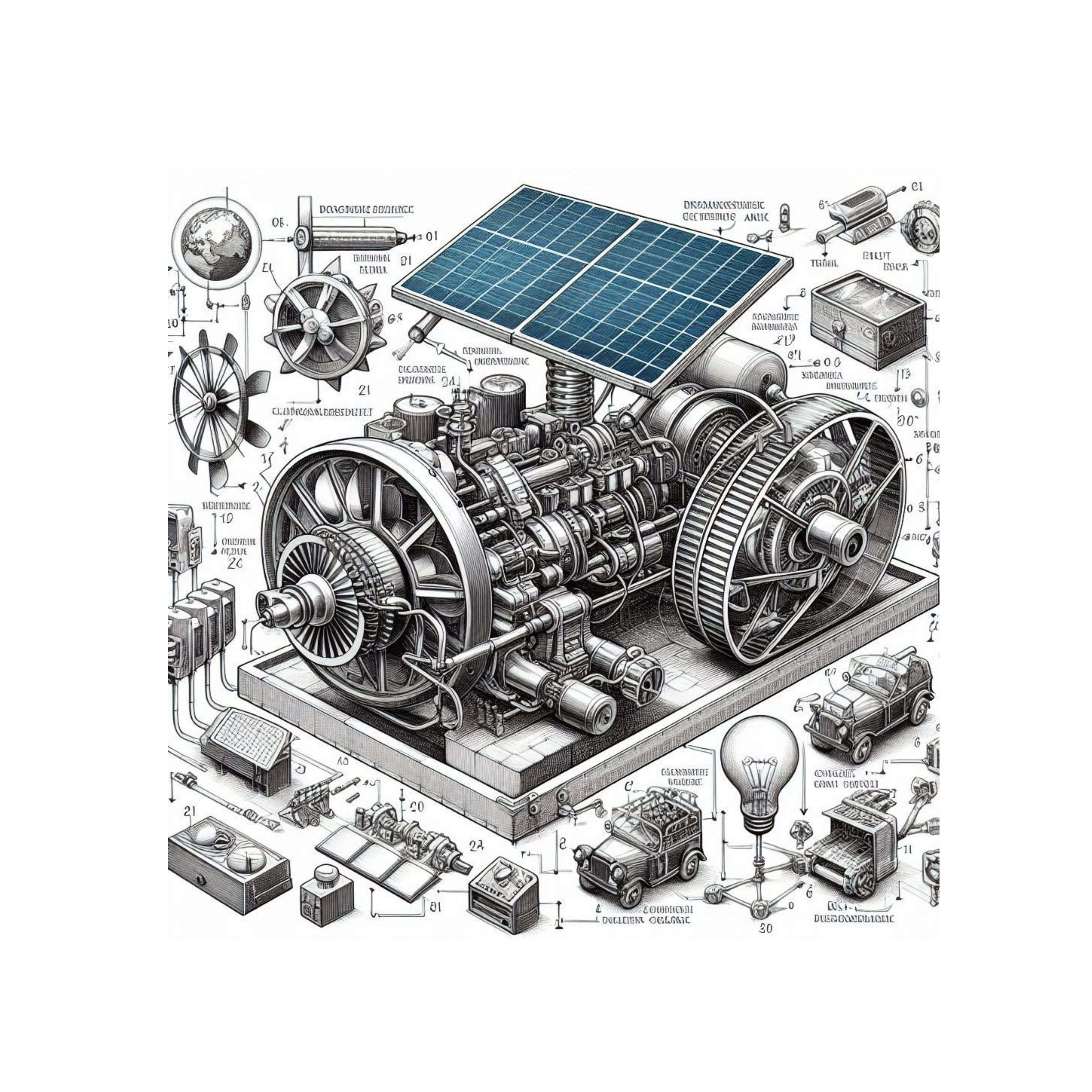 diagrammatic solar powered engine drawing, technical blueprint, labeled mechanical parts, 4K Desktop Wallpaper