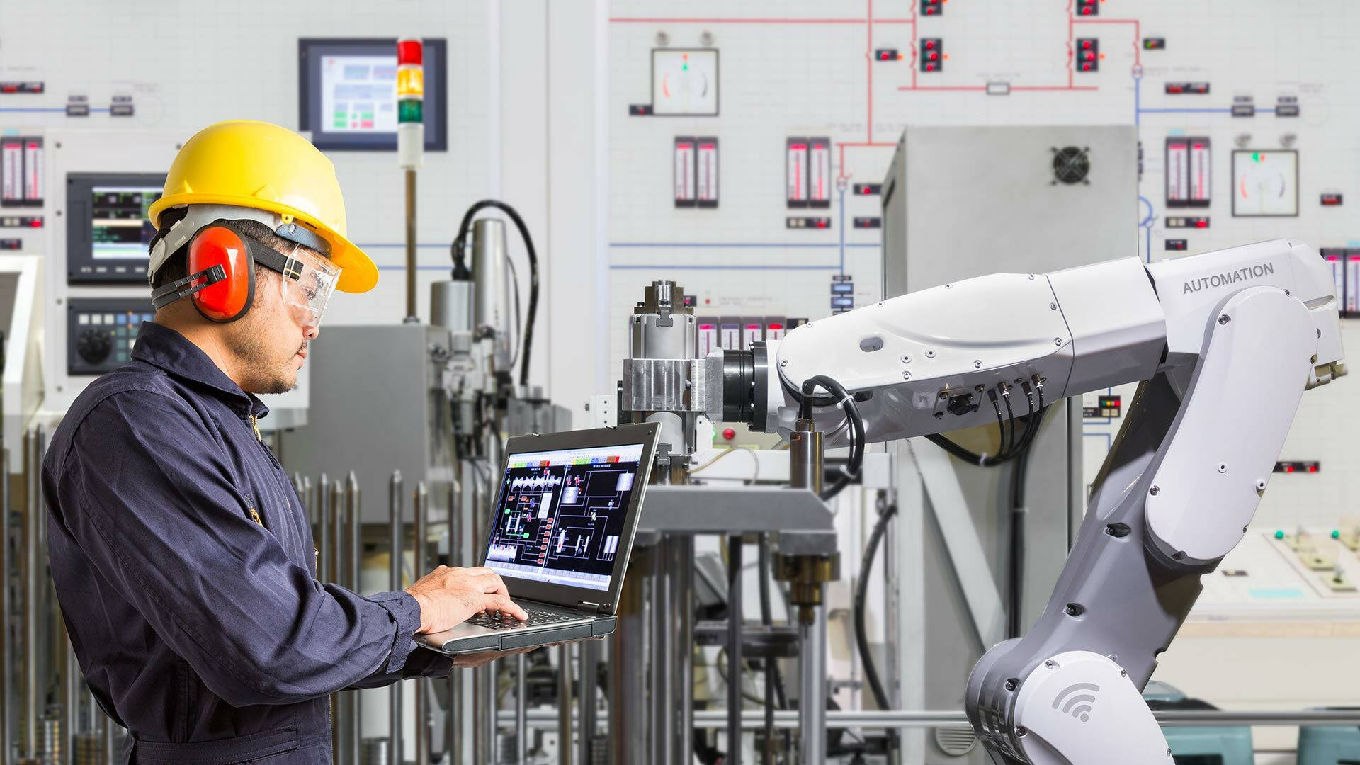 robotic arm, high-tech factory control room, hard hat, Full HD Desktop Wallpaper