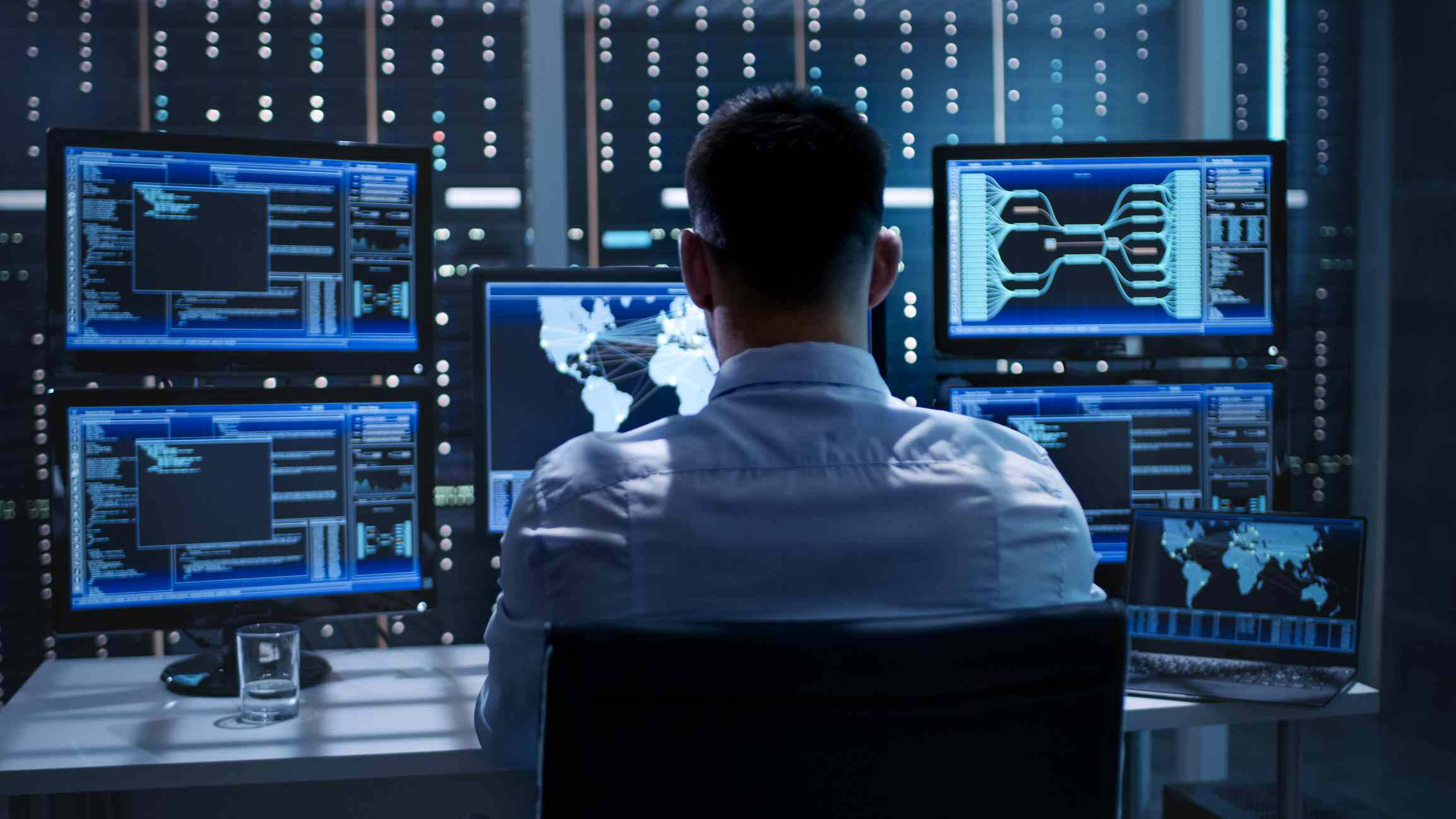 engineer, glowing blue monitors, code, Full HD Desktop Wallpaper