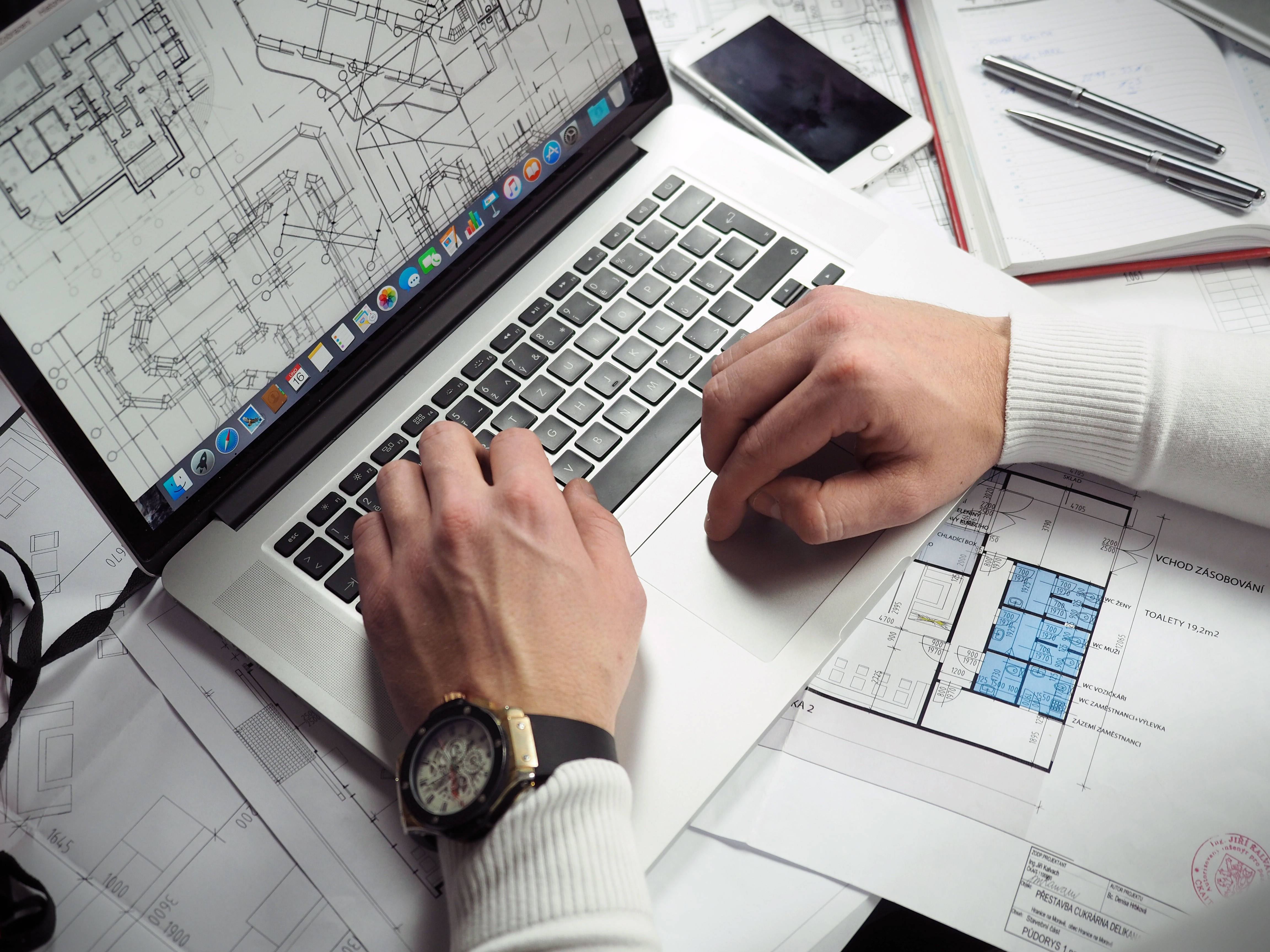 Engineer, technical drawings, laptop, 4K Desktop Wallpaper