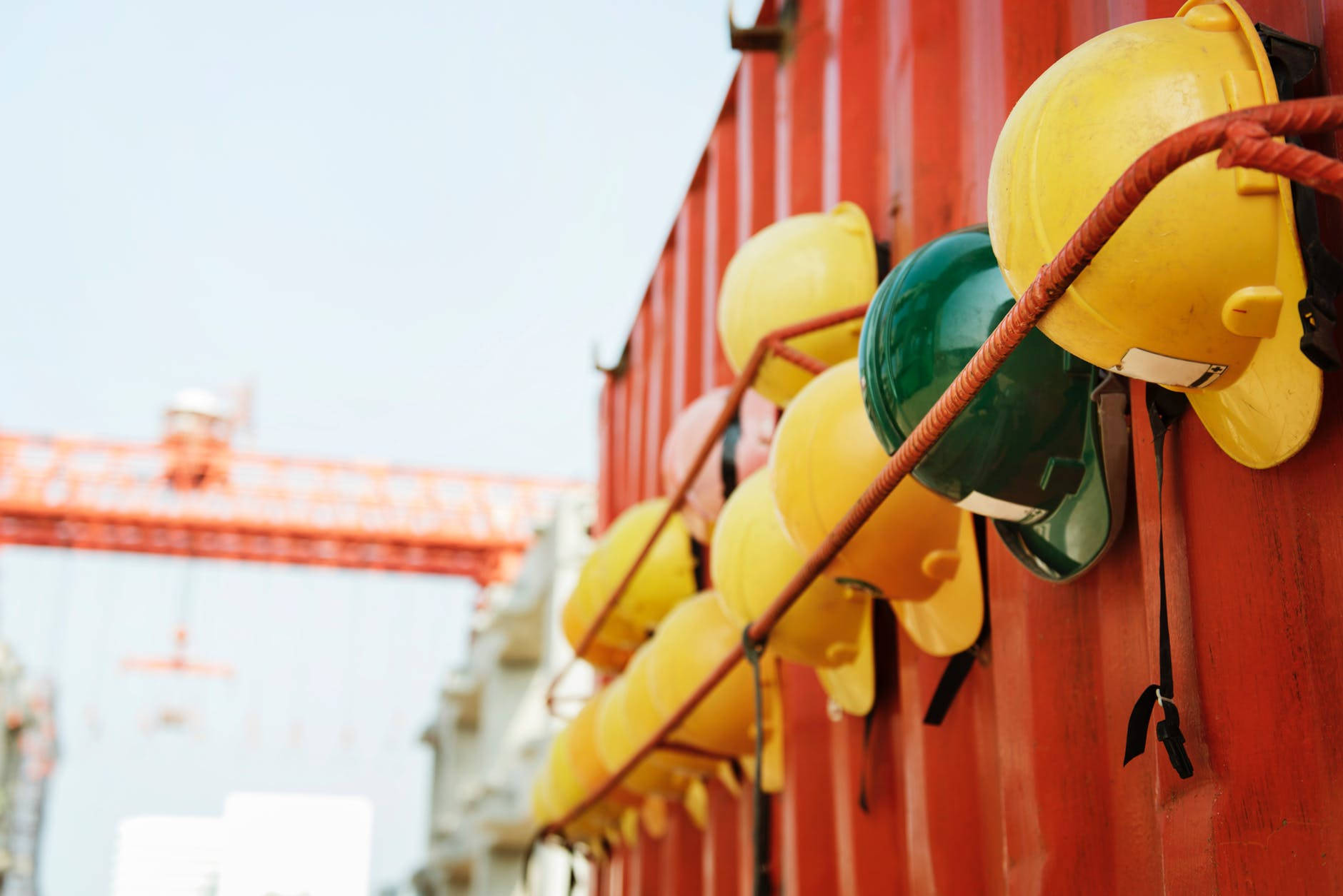 yellow hard hats, green hard hats, red shipping container, HD Desktop Wallpaper