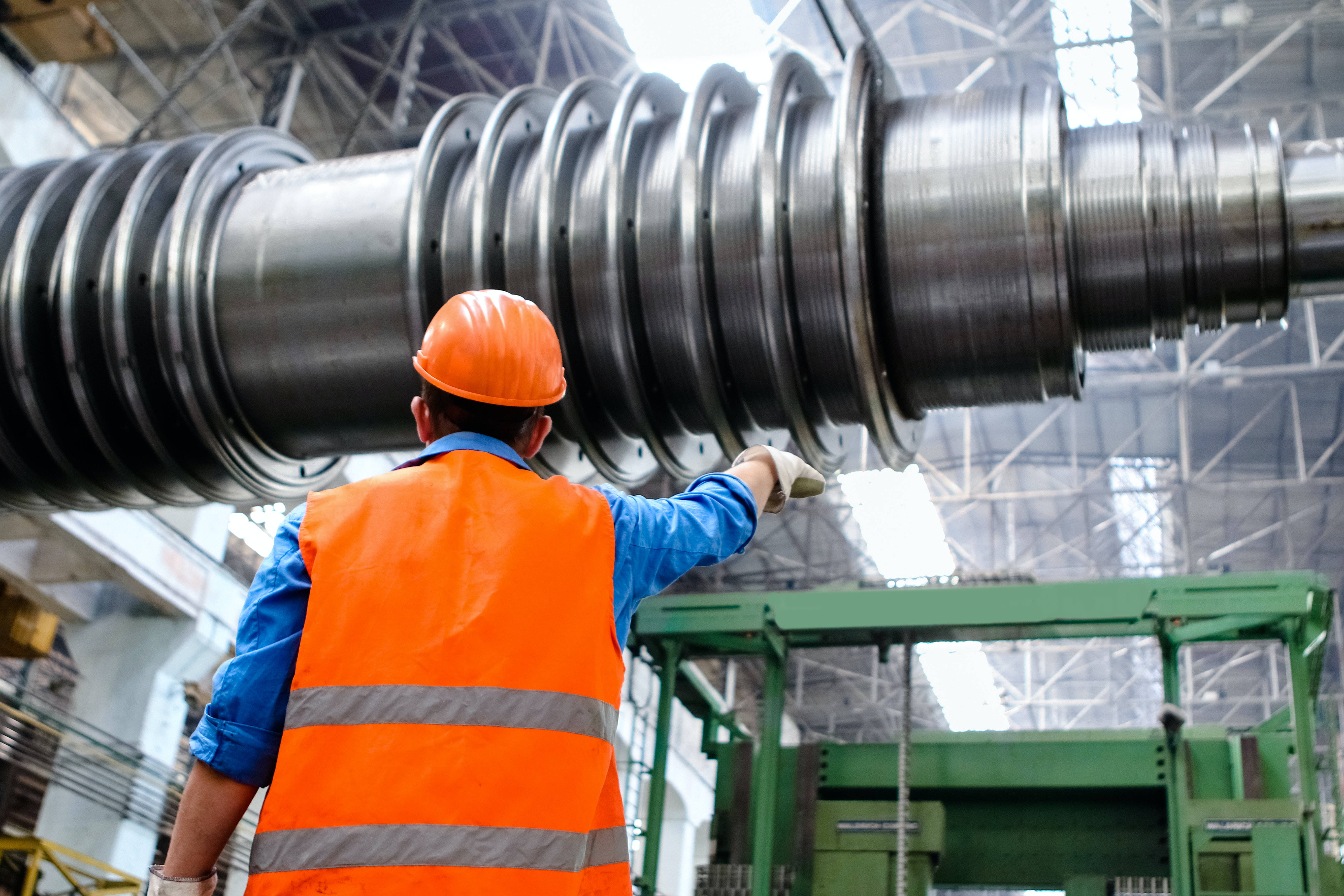 orange hard hat, safety vest, massive industrial turbine rotor, 5K Desktop Wallpaper