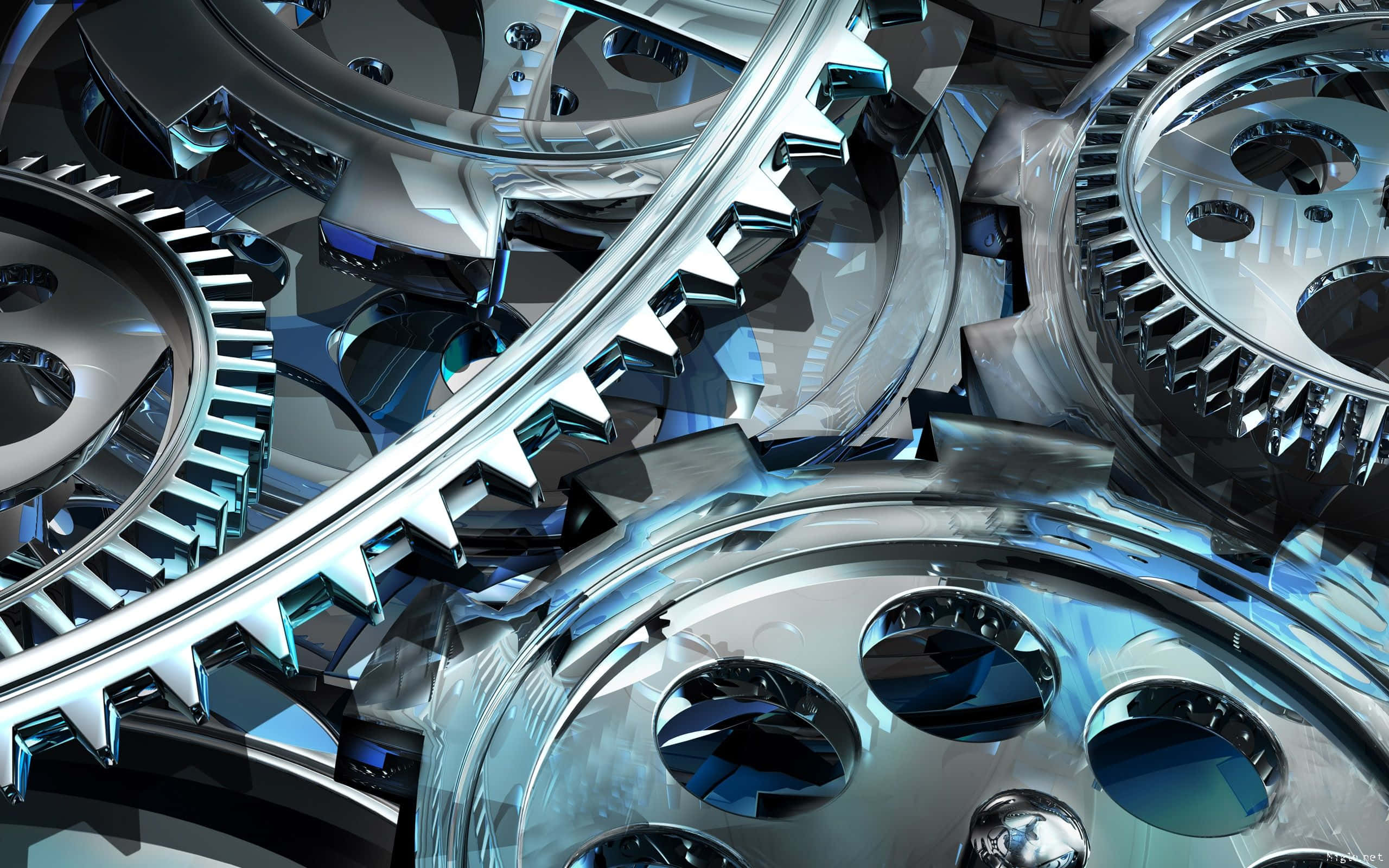 gears, mechanical assembly, blue highlights, 2K Desktop Wallpaper