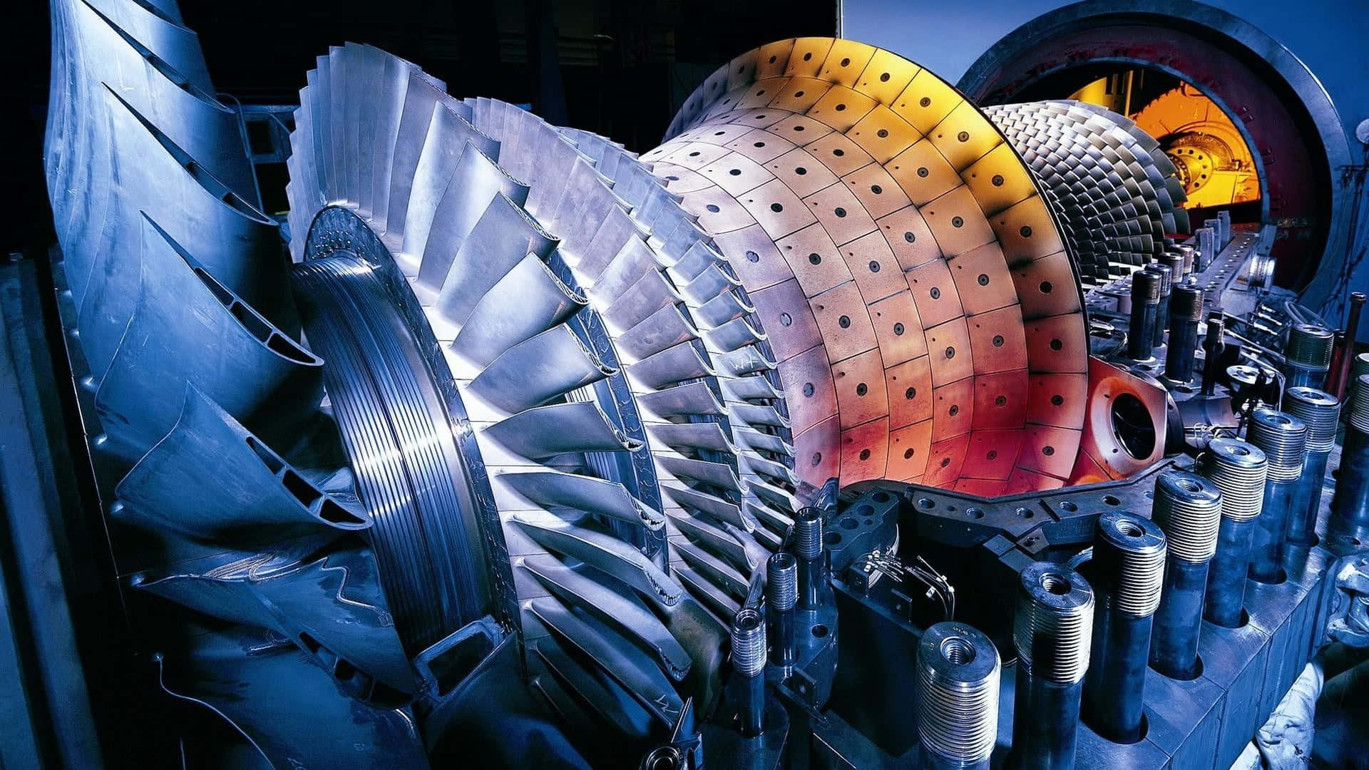 turbine engine, metallic blades, glowing orange interior, Full HD Desktop Wallpaper
