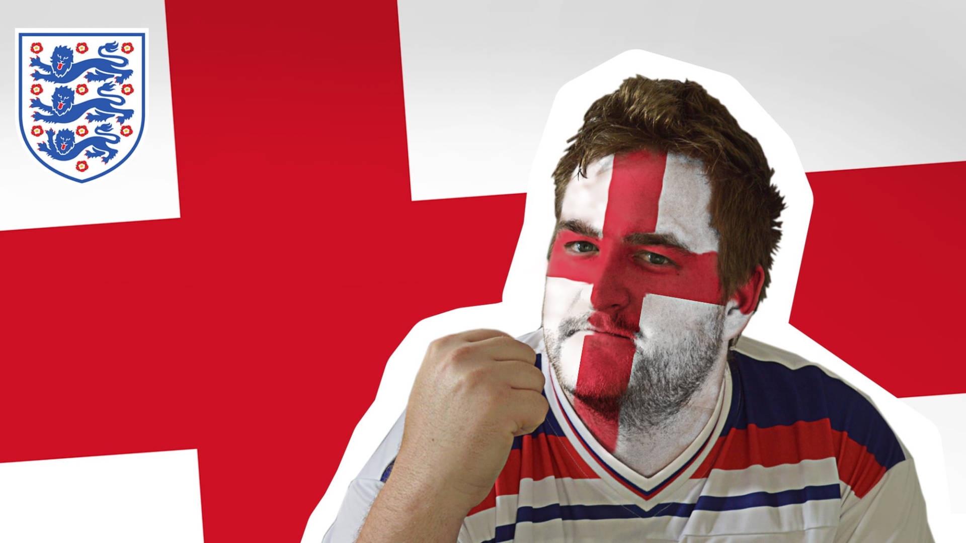 England football fan, flag painted on his face, red and white background, Full HD Desktop Wallpaper