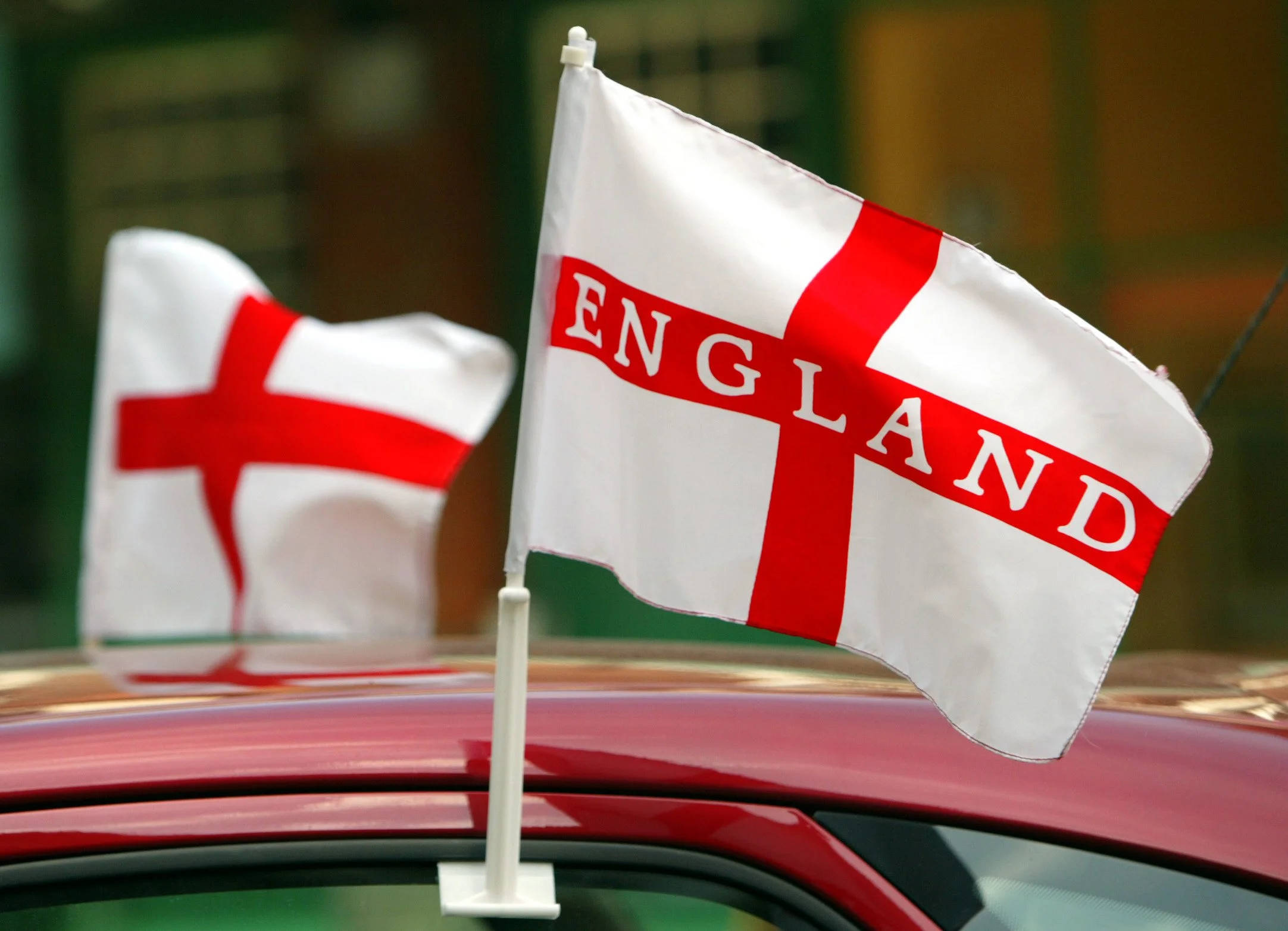 England flag, red car roof, bold red lettering, Full HD Desktop Wallpaper