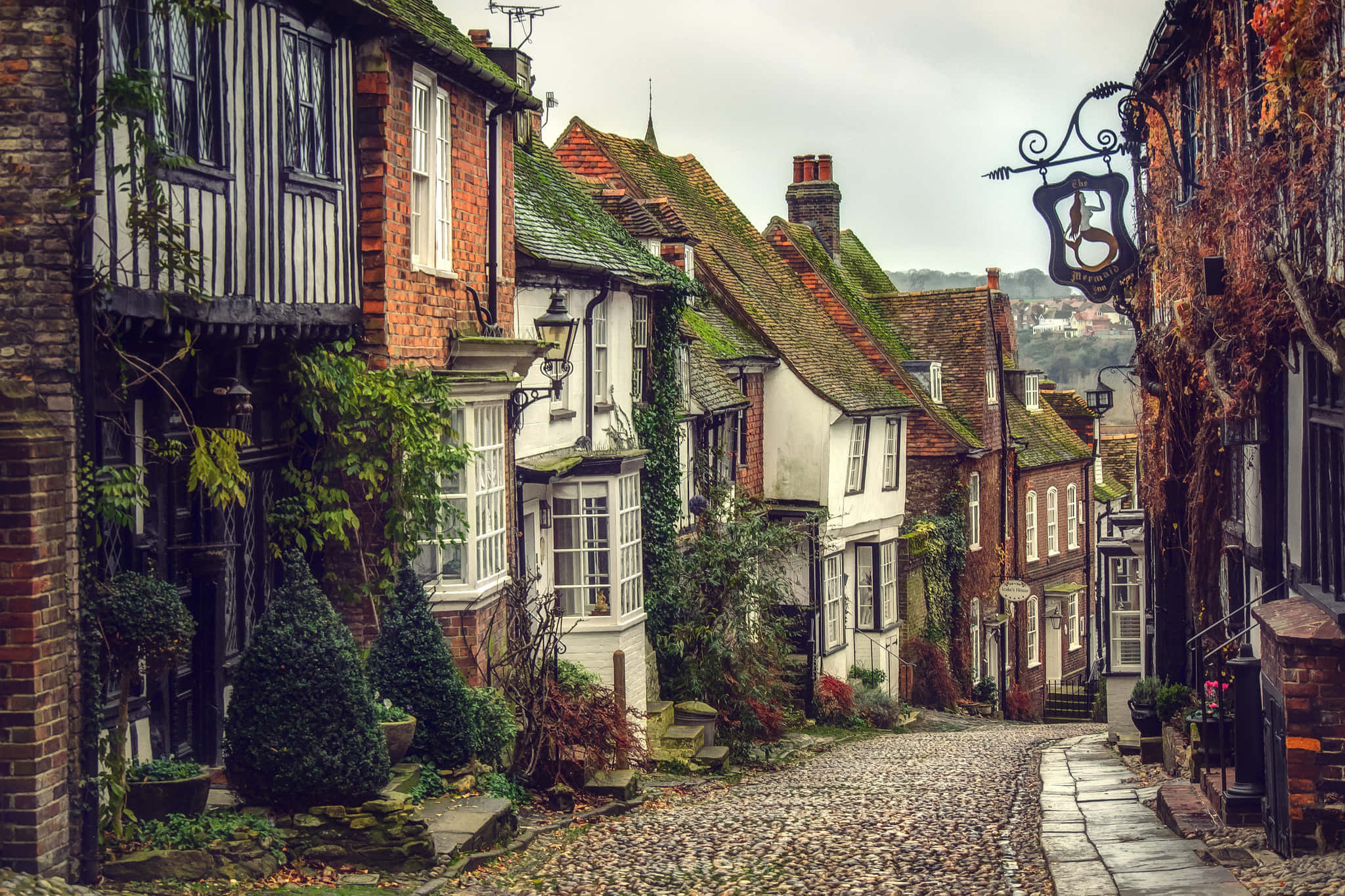 England, cobblestone street, half-timbered houses, Full HD Desktop Wallpaper