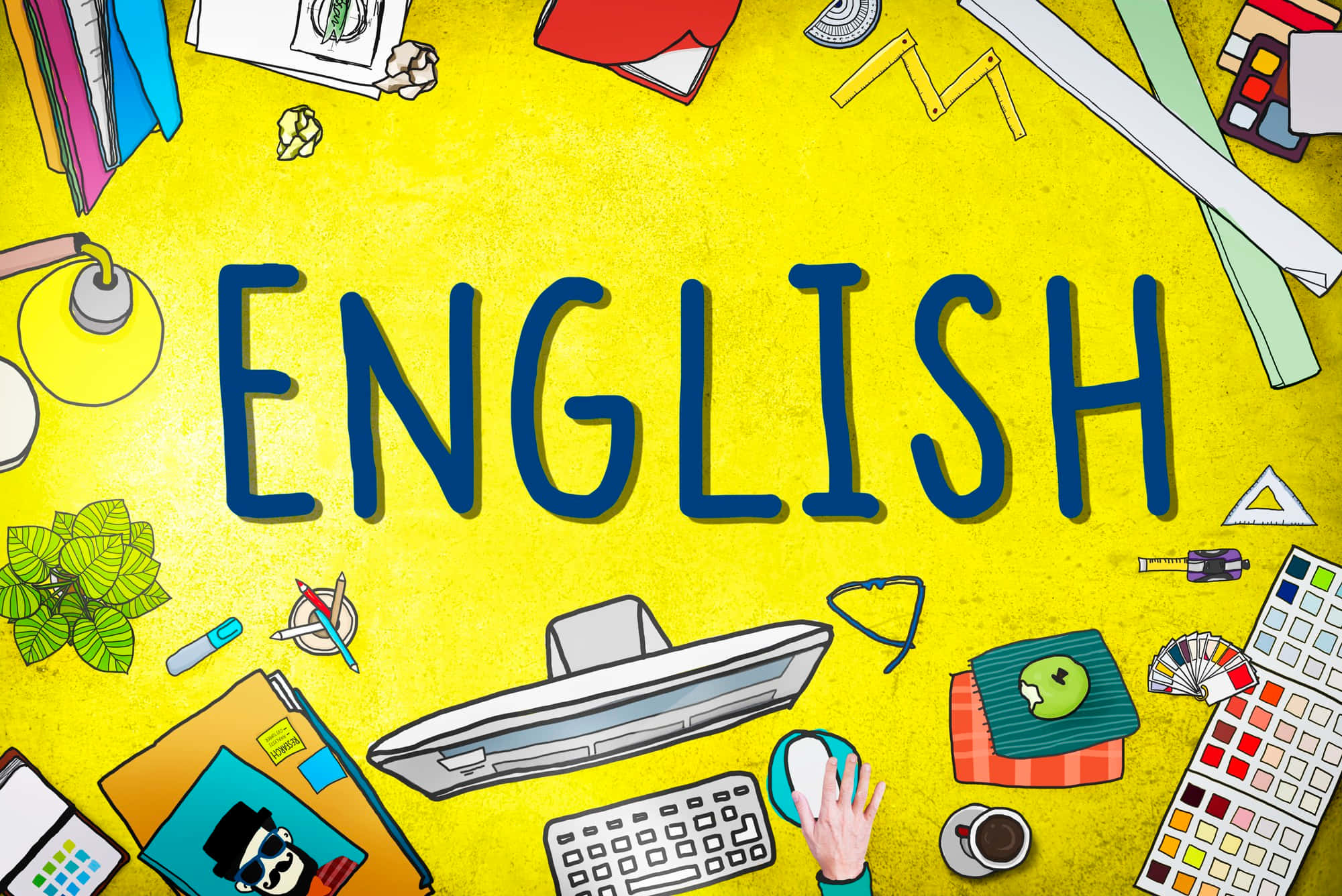 English, vibrant yellow, desk scene, Full HD Desktop Wallpaper