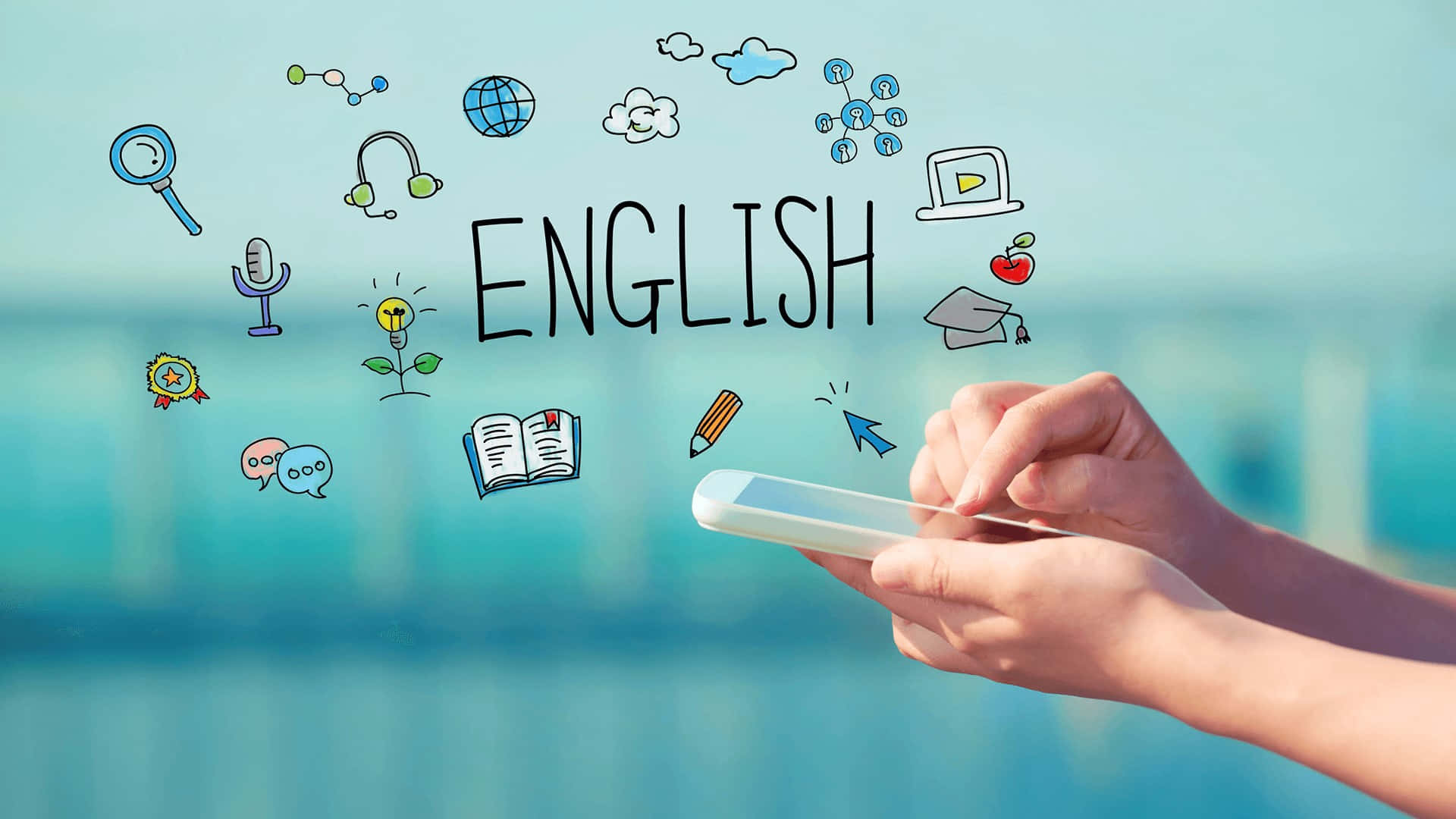 English, smartphone, colorful educational icons, Full HD Desktop Wallpaper