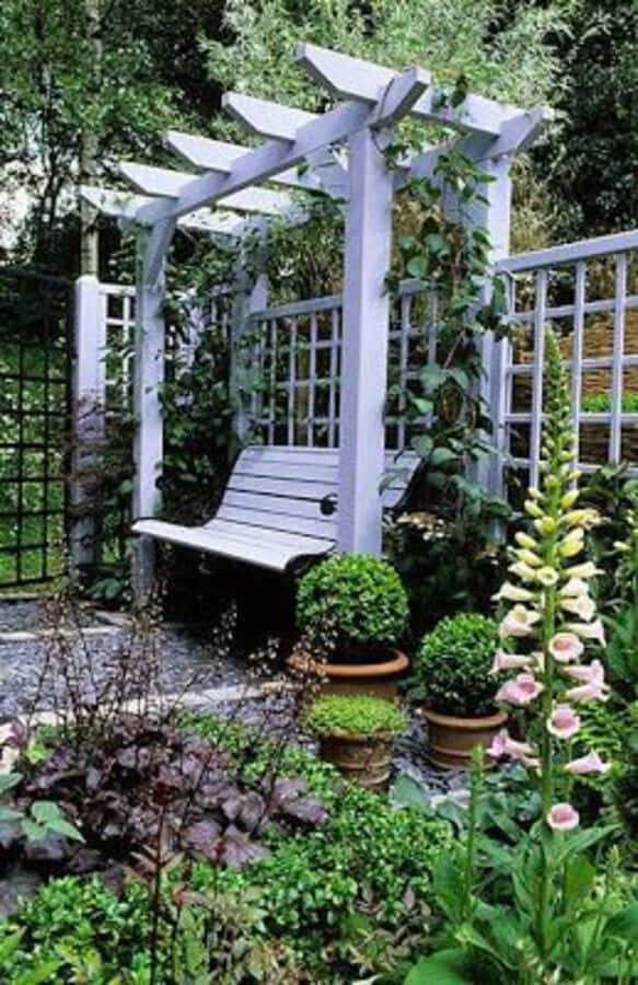 English Rose Garden, white wooden bench, pergola, SD Phone Wallpaper