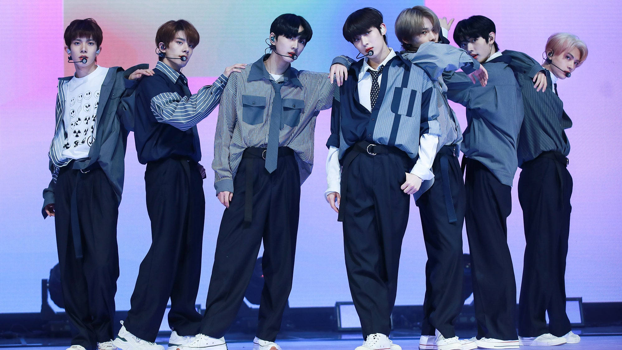 Enhypen, blue and black outfits, brightly lit stage, Full HD Desktop Wallpaper