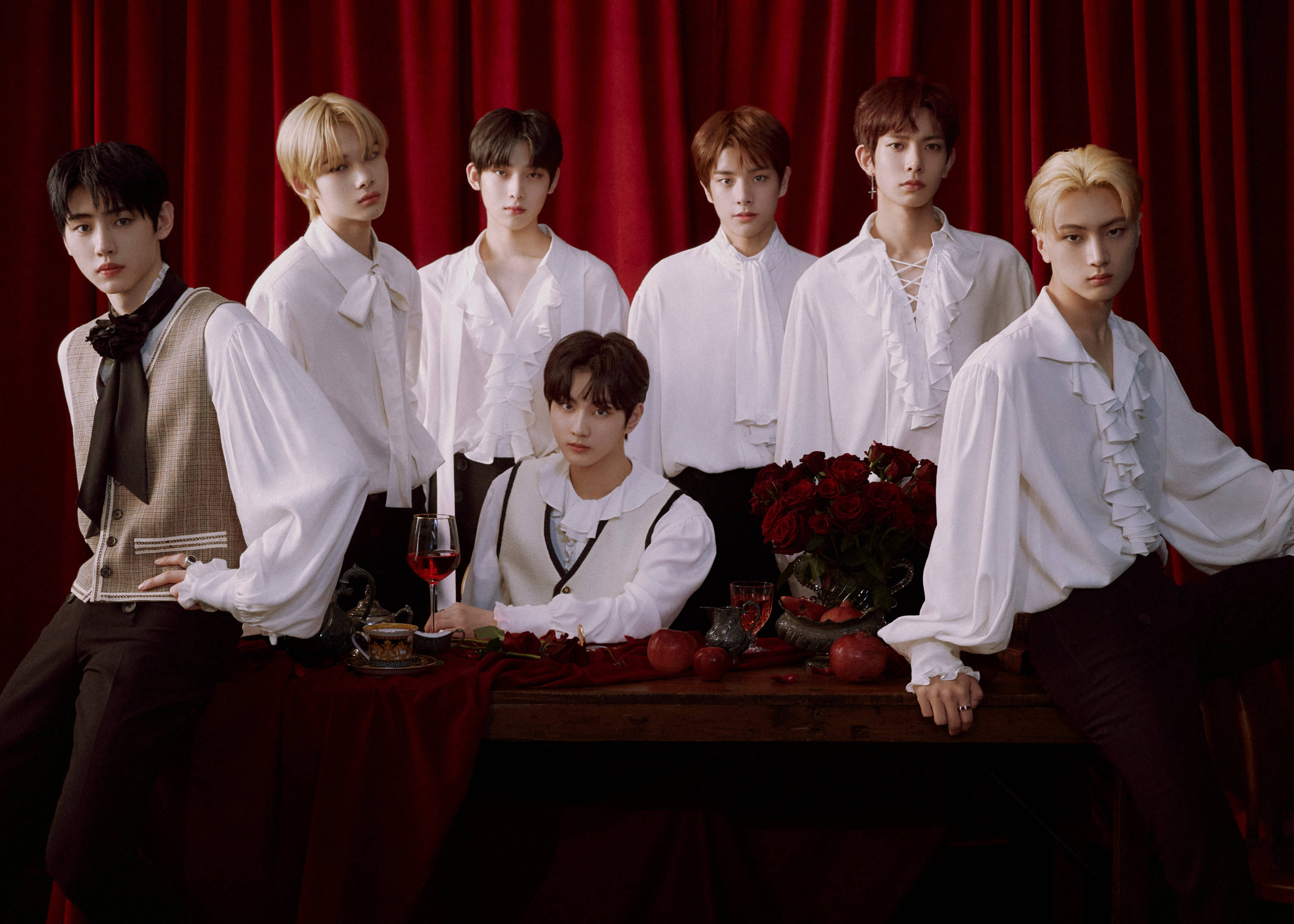 Enhypen Aesthetic, red cloth, white ruffled shirts, 2K Desktop Wallpaper