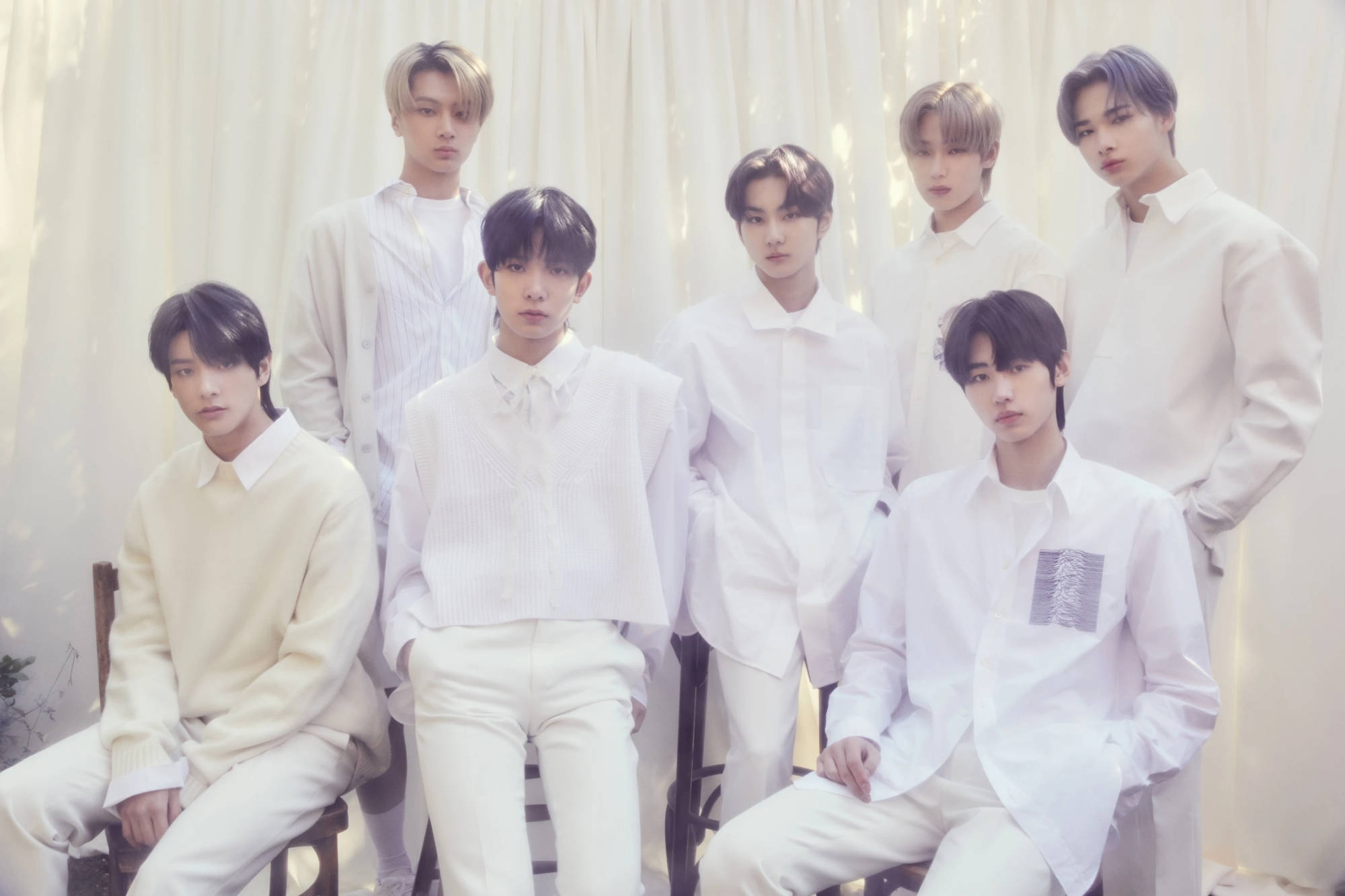 Enhypen Aesthetic, seven young men, white outfits, Full HD Desktop Wallpaper