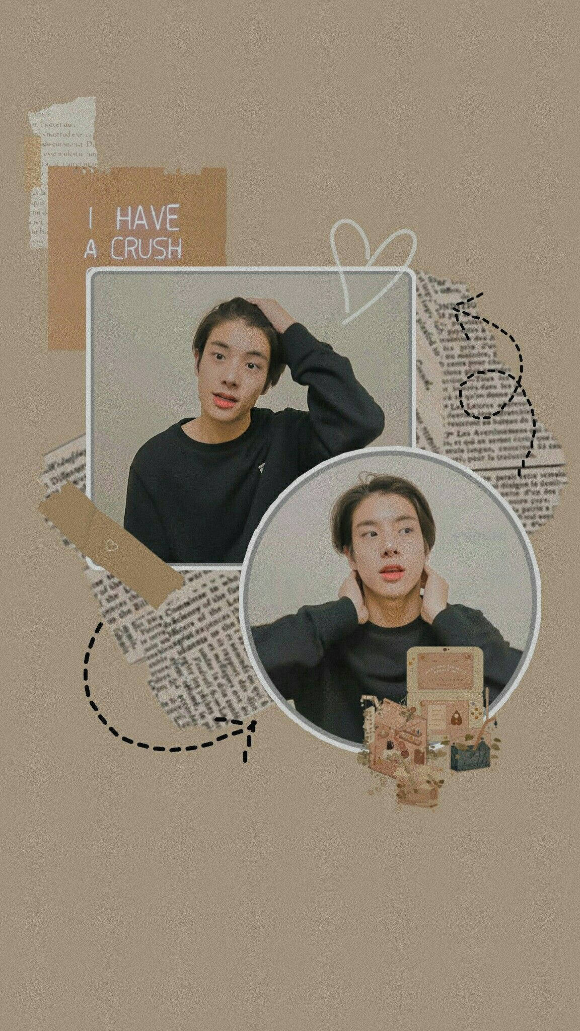 Enhypen Aesthetic, beige background, torn paper elements, Full HD Phone Wallpaper