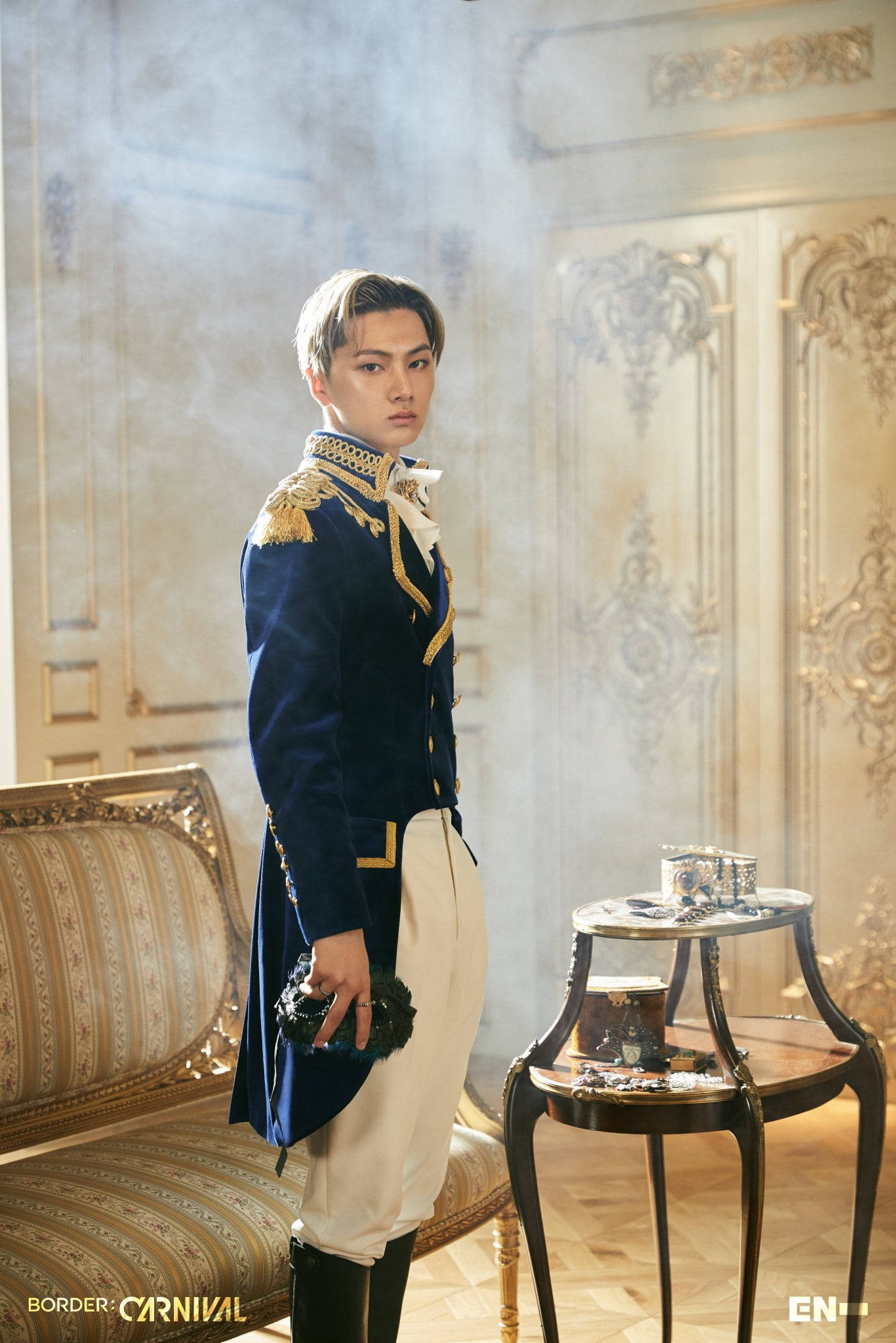 Enhypen Jay, navy blue and gold military uniform, smoky opulent room, Full HD Phone Wallpaper