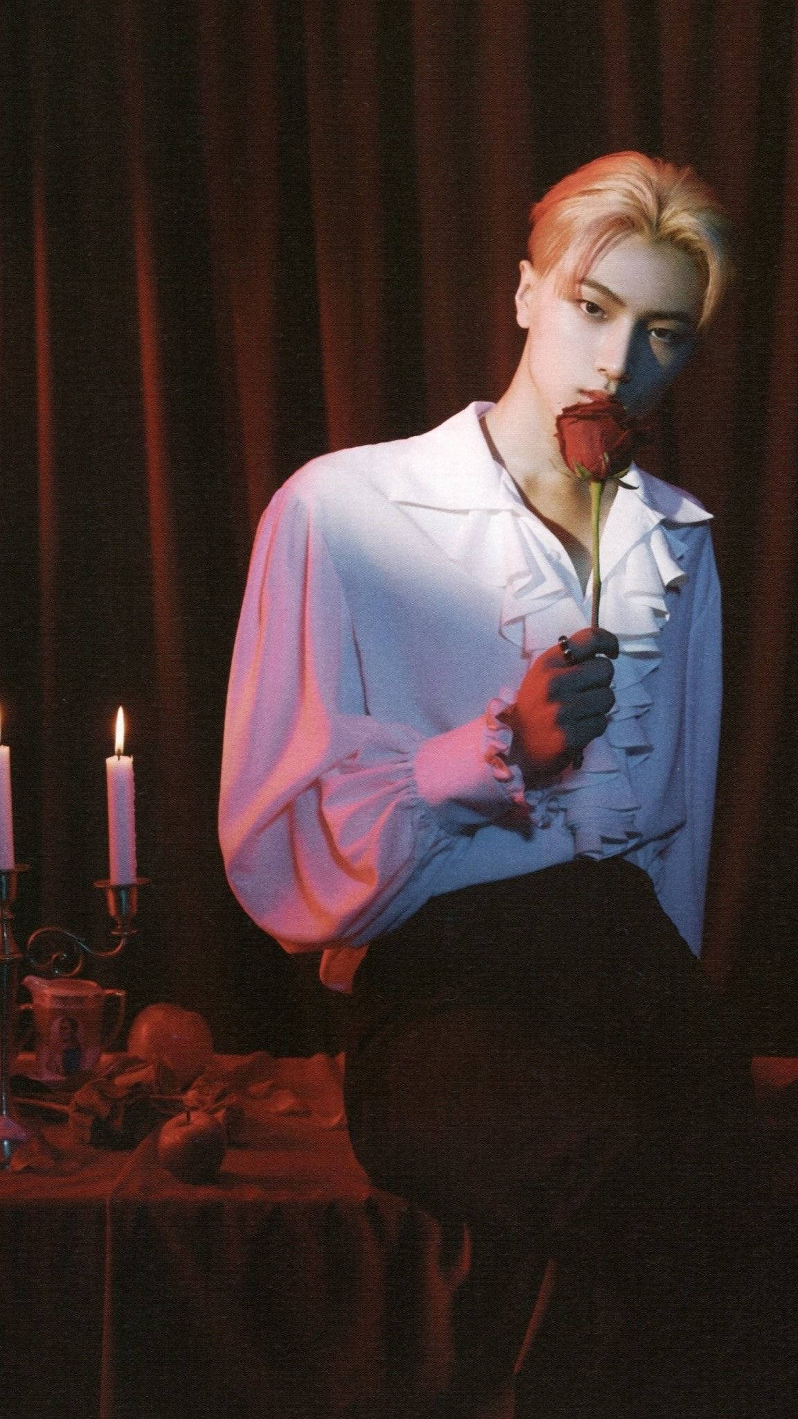 Enhypen Jay, red rose, candlelight, Full HD Phone Wallpaper