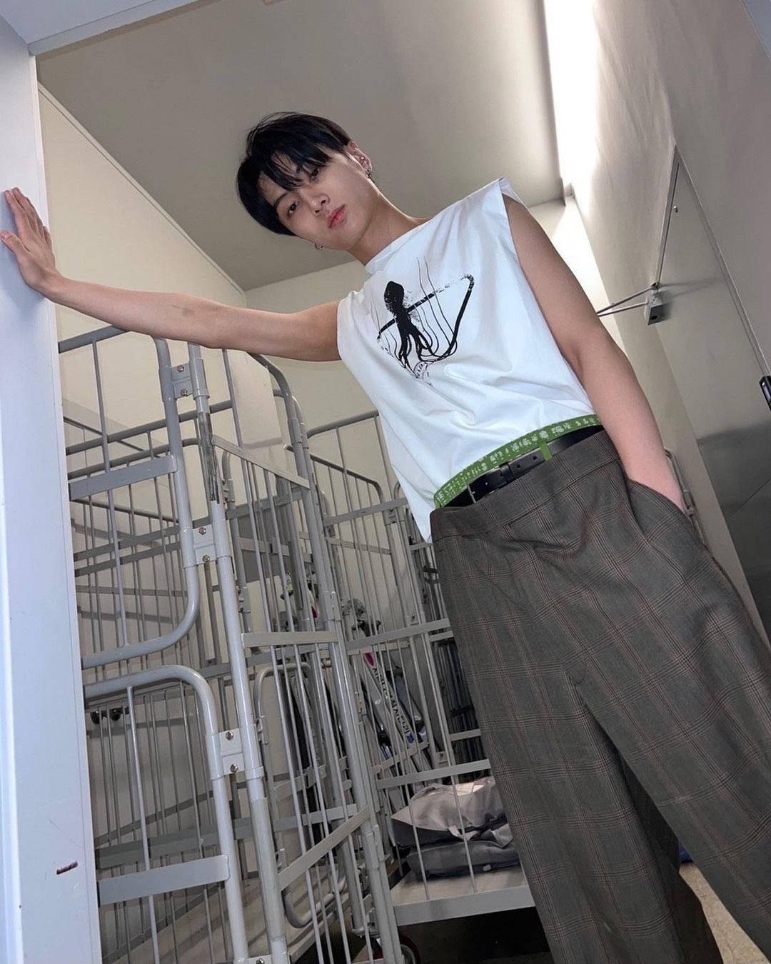 Enhypen Jay, white graphic tee, plaid pants, HD Phone Wallpaper