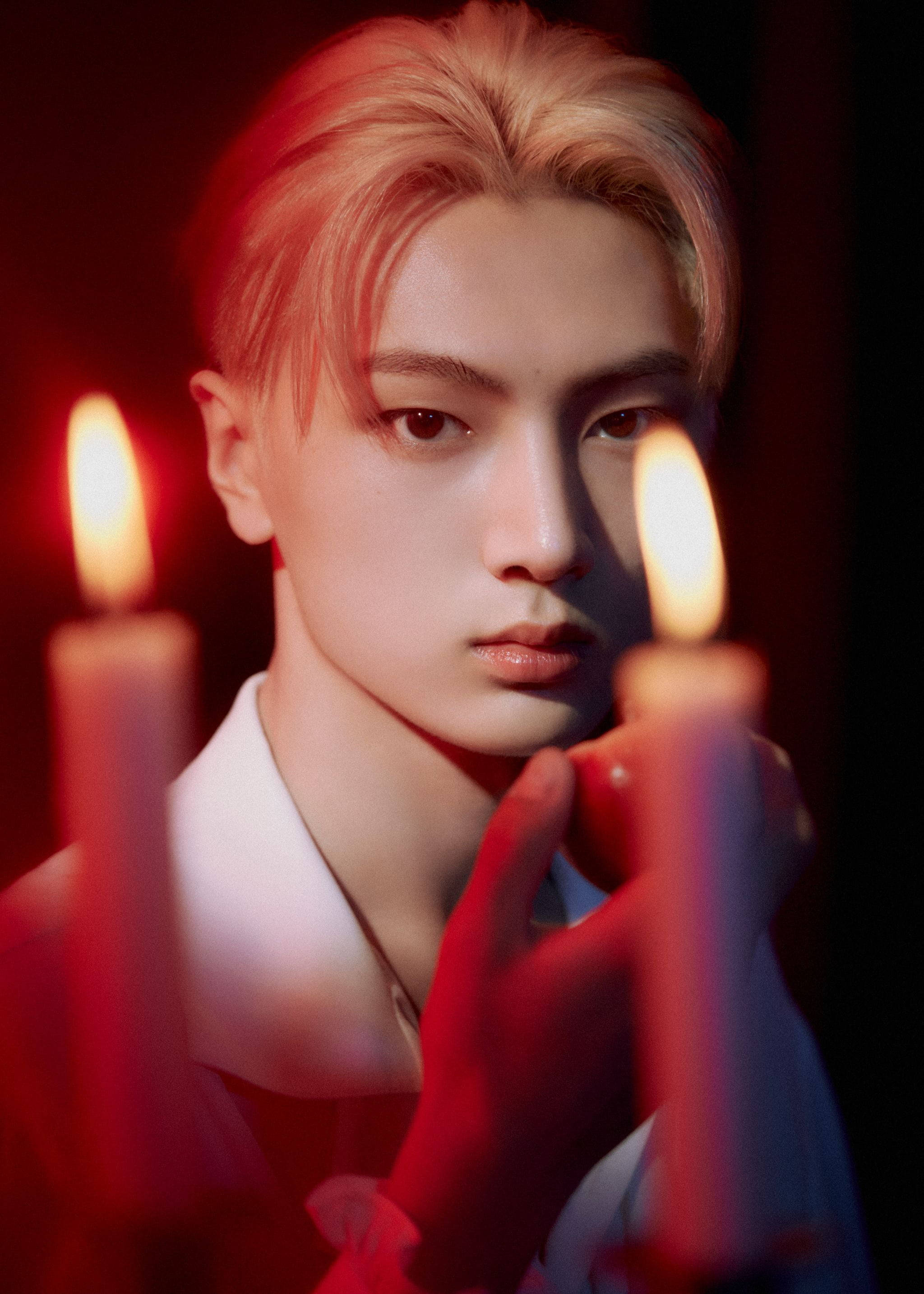 Enhypen Jay, candles, blonde hair, 2K Phone Wallpaper