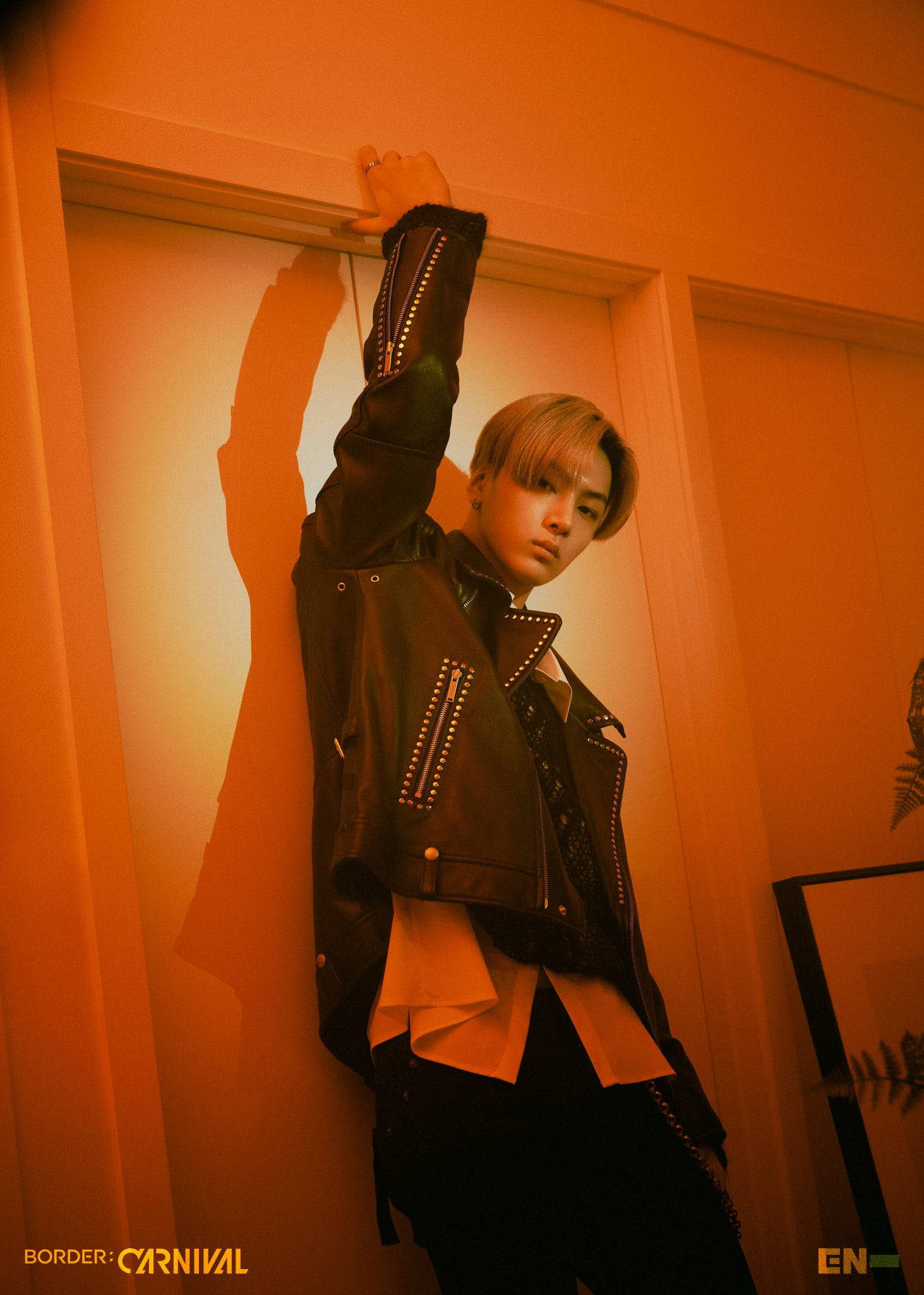 Enhypen Jay, golden hour, studded black leather jacket, Full HD Phone Wallpaper