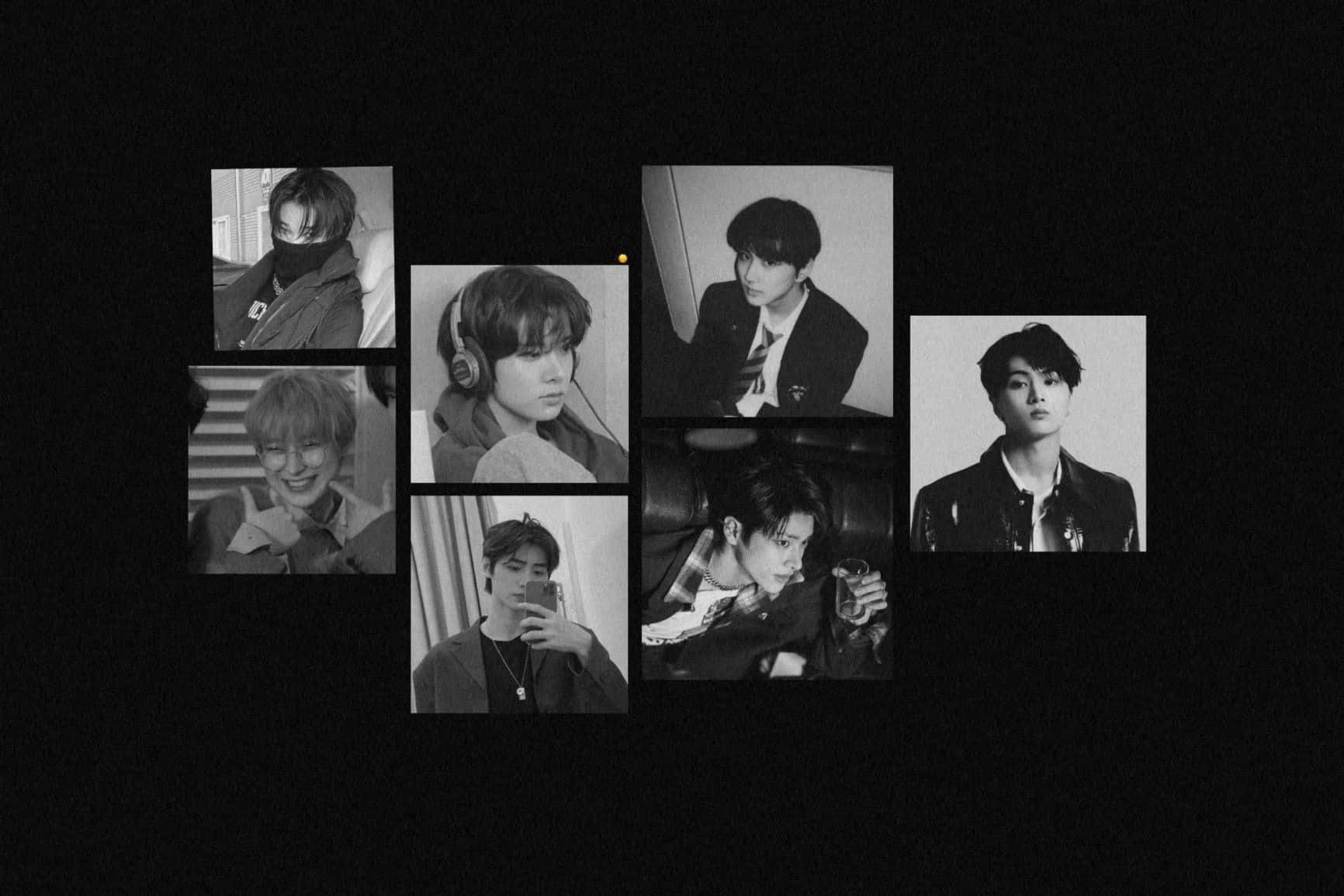 Enhypen, laptop, black and white collage, HD Desktop Wallpaper