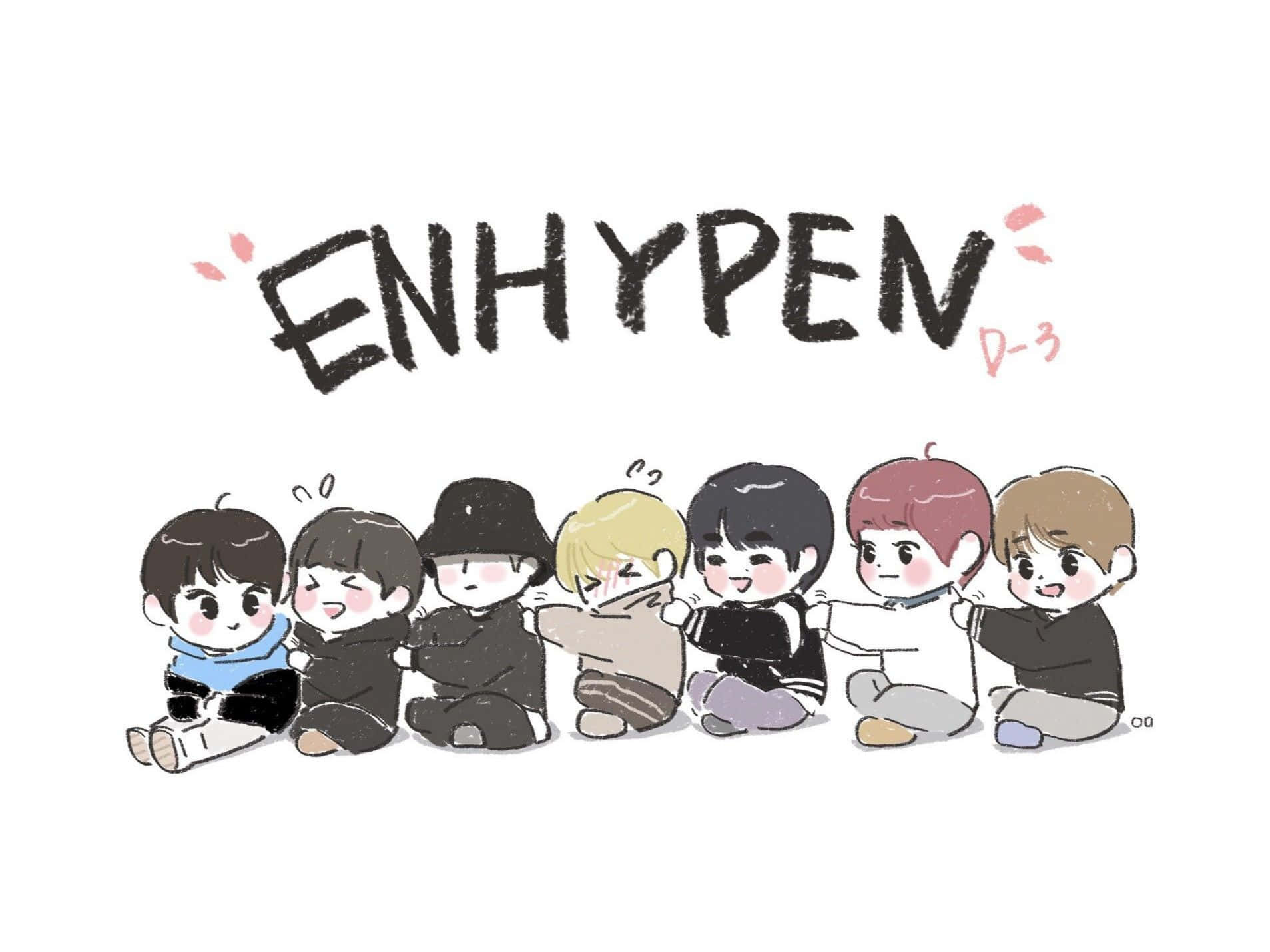 ENHYPEN, chibi-style illustration, seven members, HD Desktop Wallpaper
