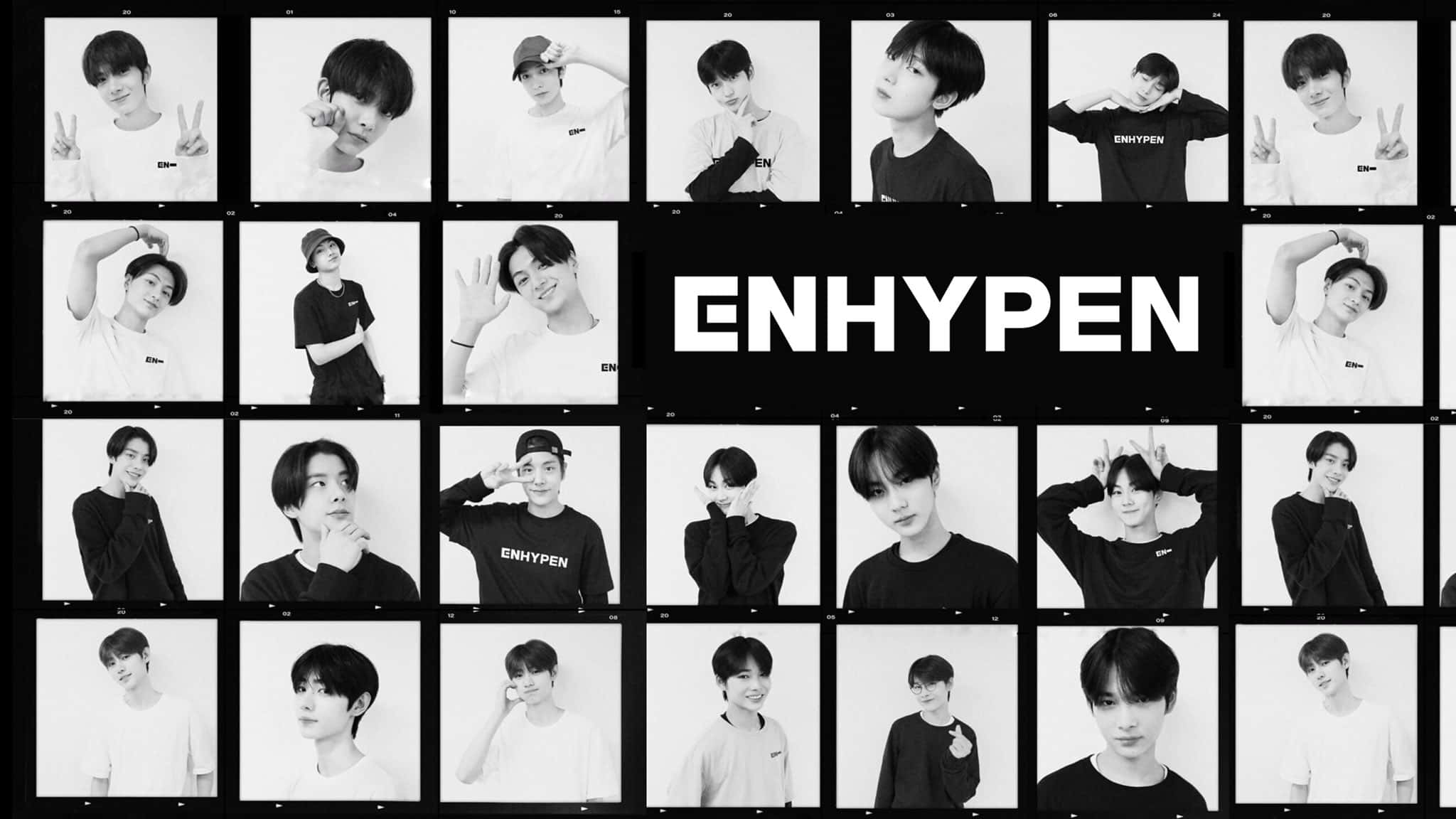Enhypen, black and white grid, young men, Full HD Desktop Wallpaper