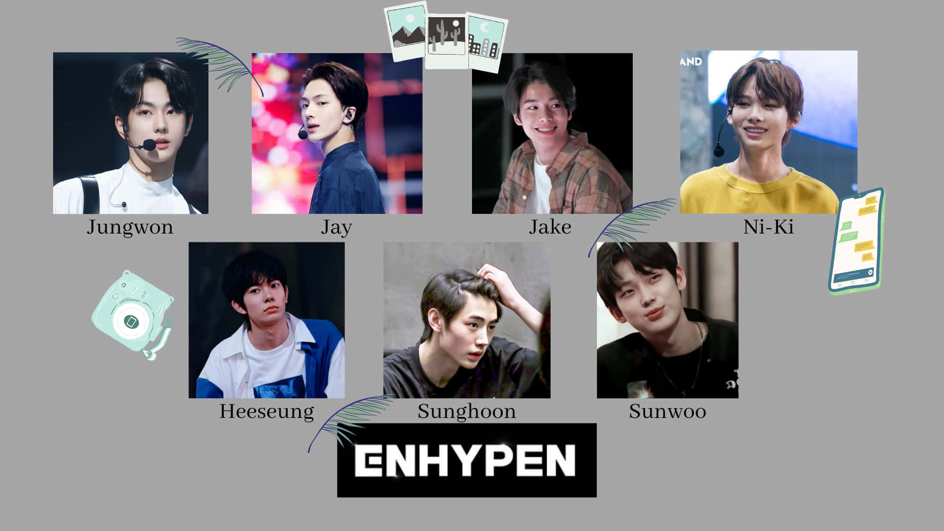 ENHYPEN, seven members, gray background, Full HD Desktop Wallpaper